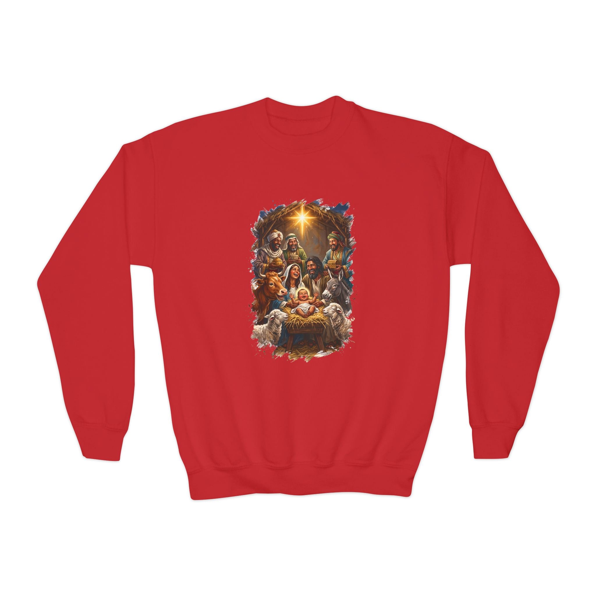 Kids Nativity Sweatshirt | Joyful Nativity Scene with Wise Men Christian Christmas Kids Crewneck Sweatshirt | Joyful Jesus