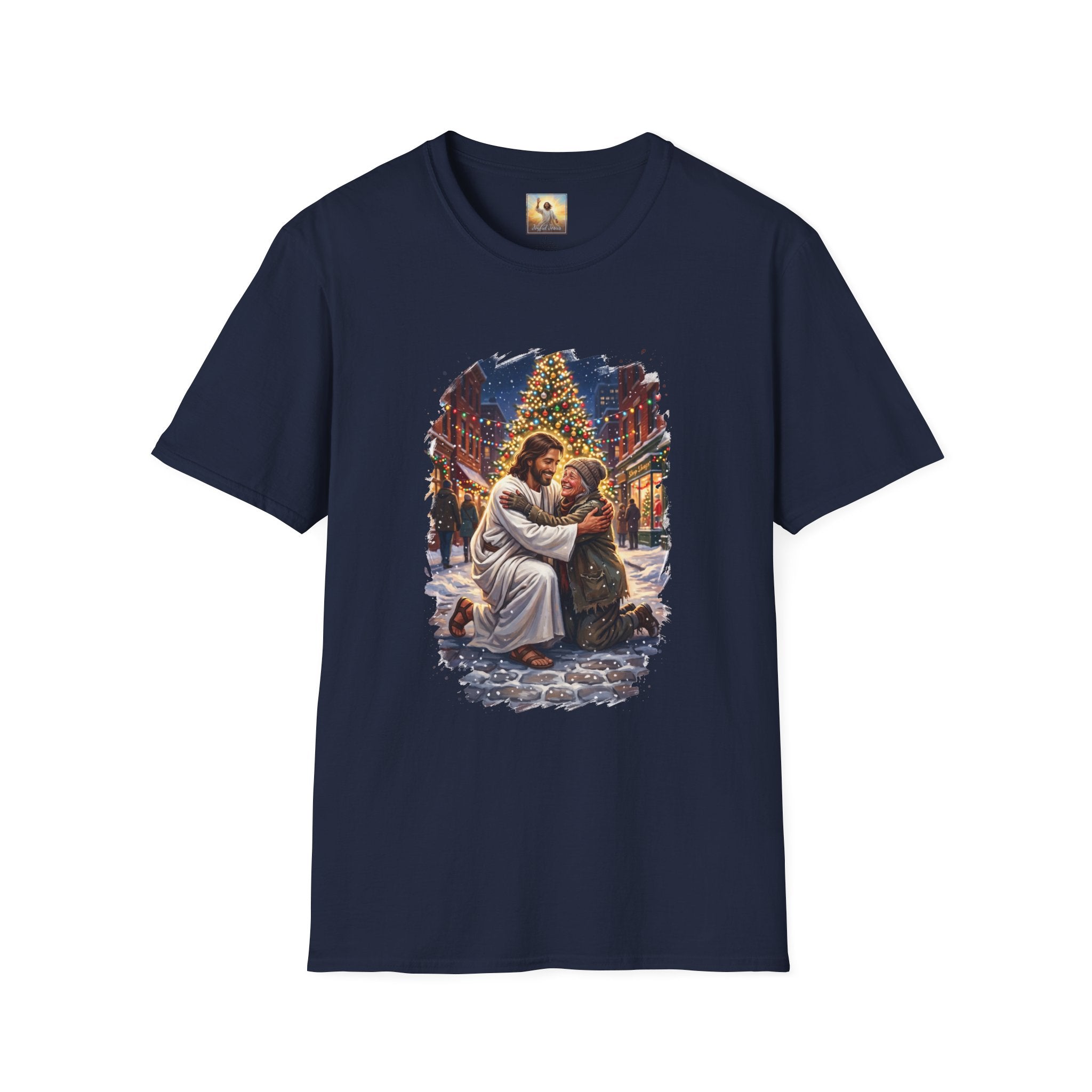 Jesus Hug Shirt | Jesus Embracing a Stranger on Christmas Night Christian Tee | Joyful Jesus