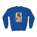 Kids Merry Christmas Jesus Sweatshirt | Laughing Jesus with Holly Christian Christmas Kids Crewneck Sweatshirt | Joyful Jesus