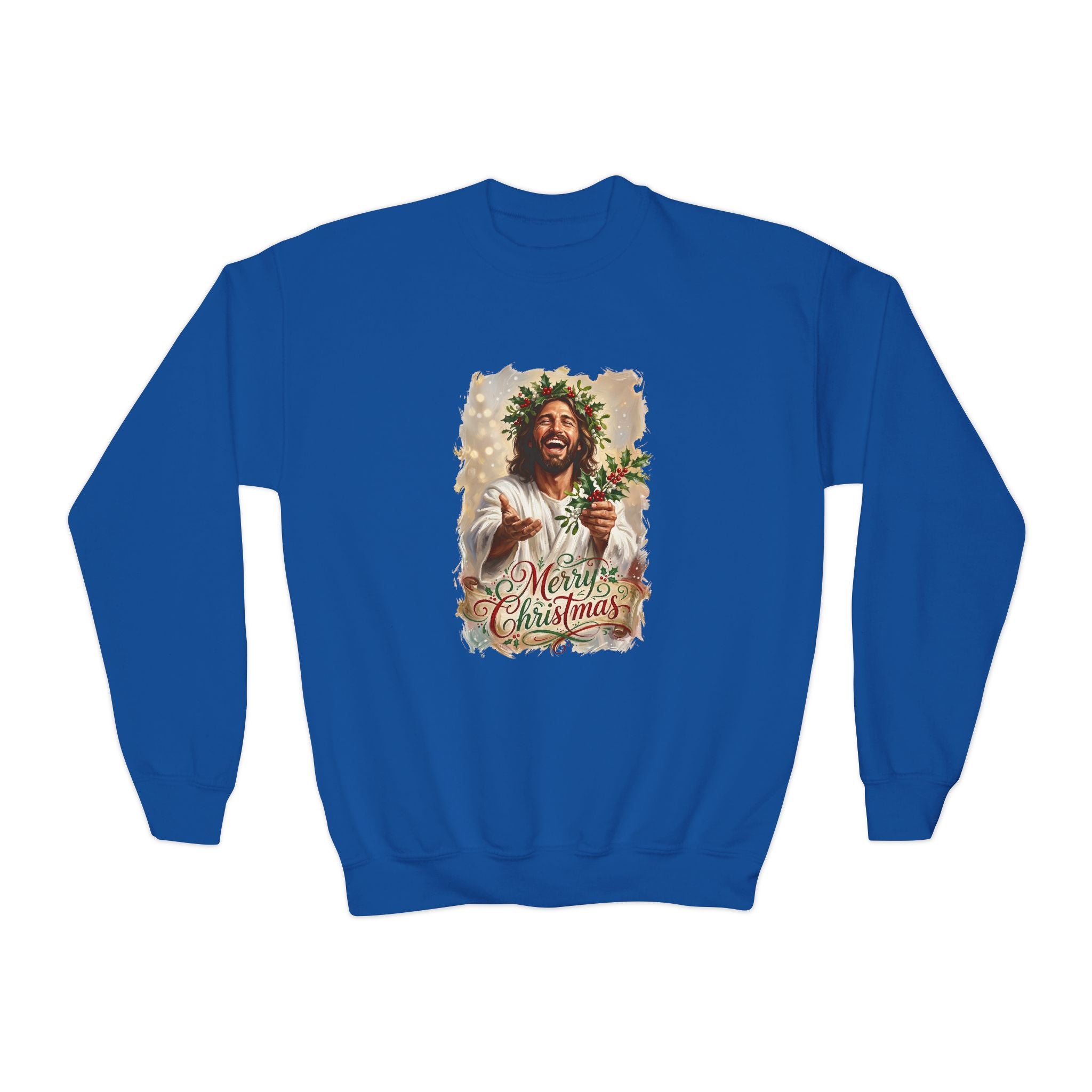 Kids Merry Christmas Jesus Sweatshirt | Laughing Jesus with Holly Christian Christmas Kids Crewneck Sweatshirt | Joyful Jesus