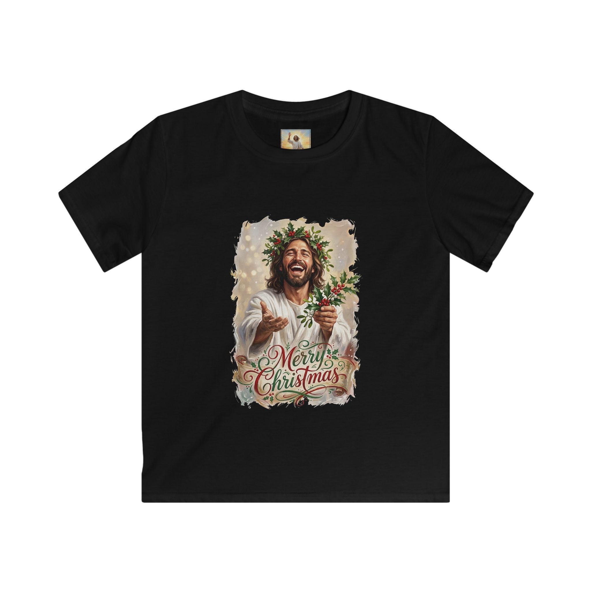 Kids Merry Christmas Jesus Shirt | Laughing Jesus with Holly Christian Christmas Kids T Shirt | Joyful Jesus