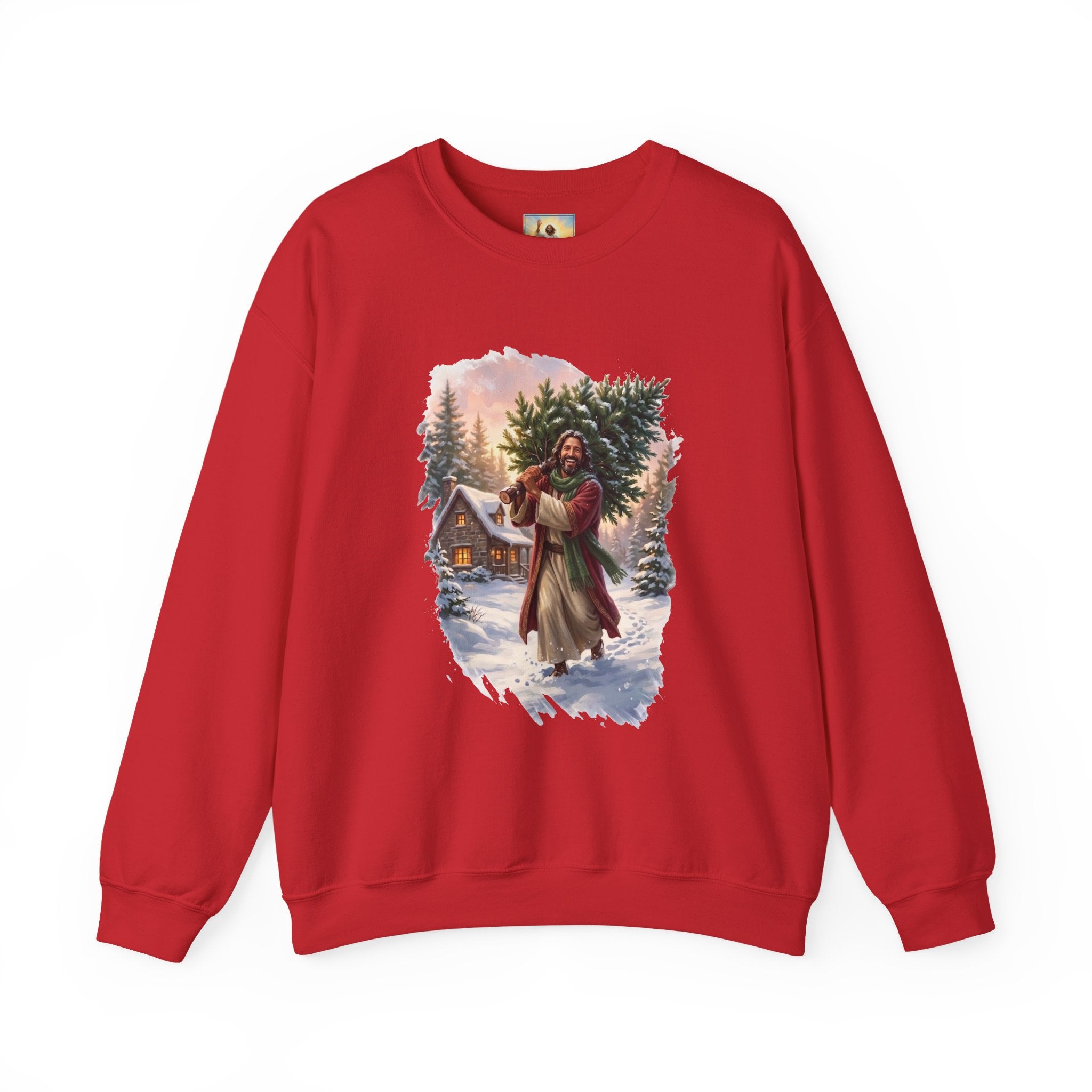Jesus Christmas Tree Sweatshirt | Jesus Carrying a Christmas Tree Christian Crewneck | Joyful Jesus