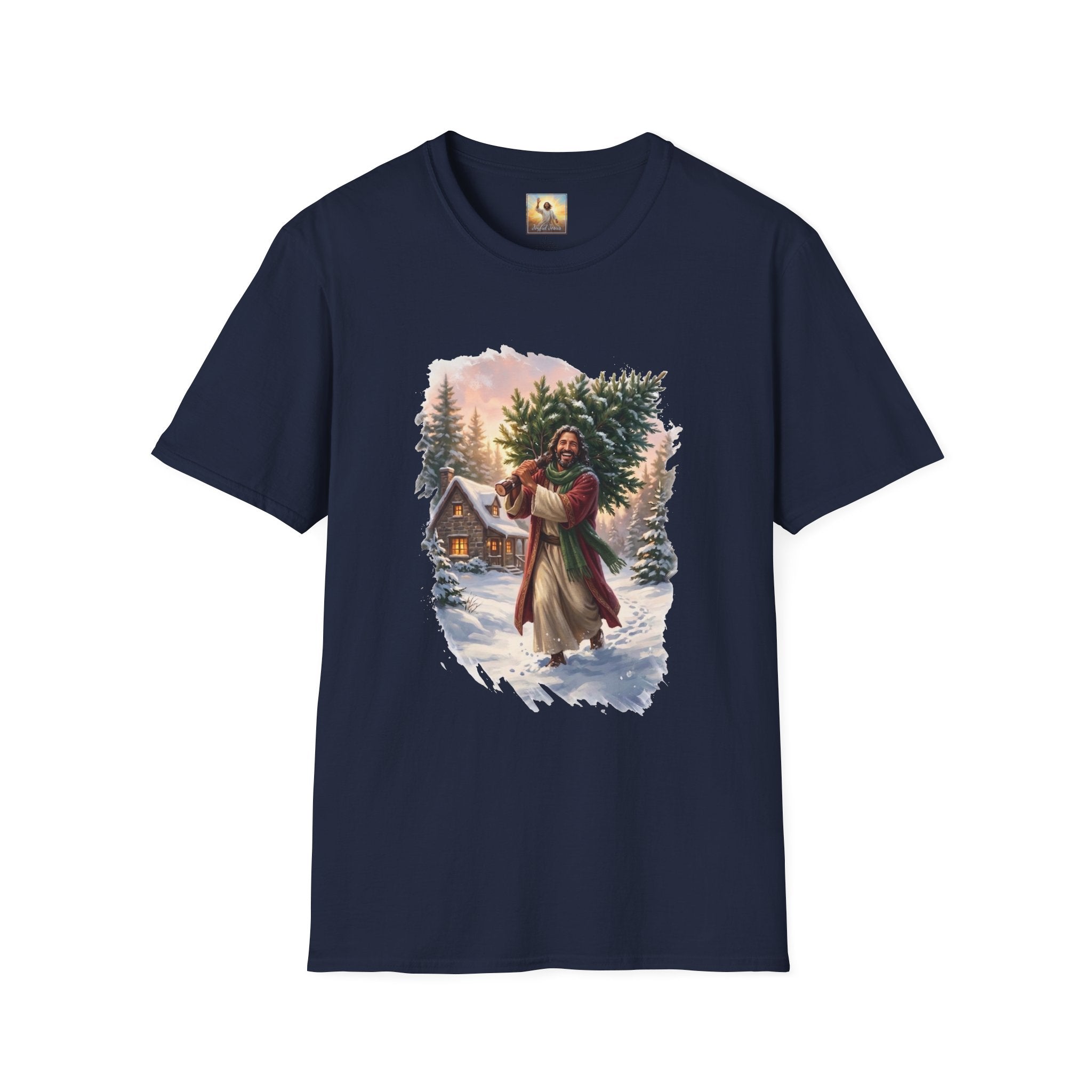 Jesus Christmas Tree Shirt | Jesus Carrying a Christmas Tree Christian Christmas Tee | Joyful Jesus