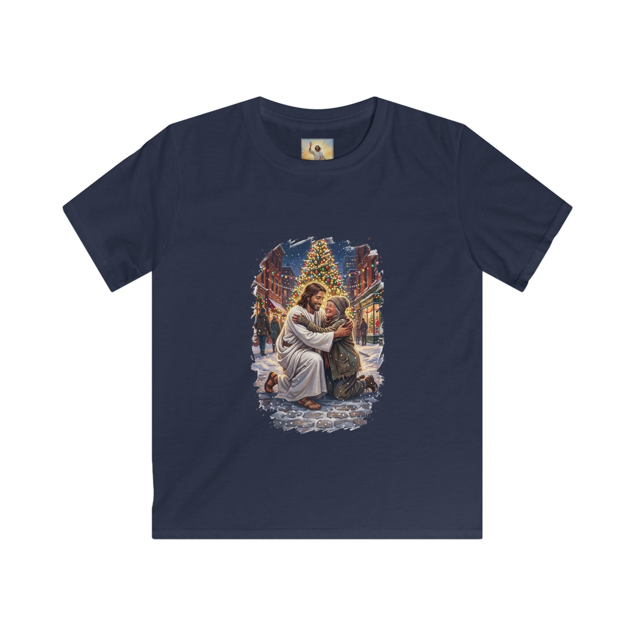 Kids Jesus Hug Shirt | Jesus Embracing a Stranger on Christmas Night Christian Kids T Shirt | Joyful Jesus