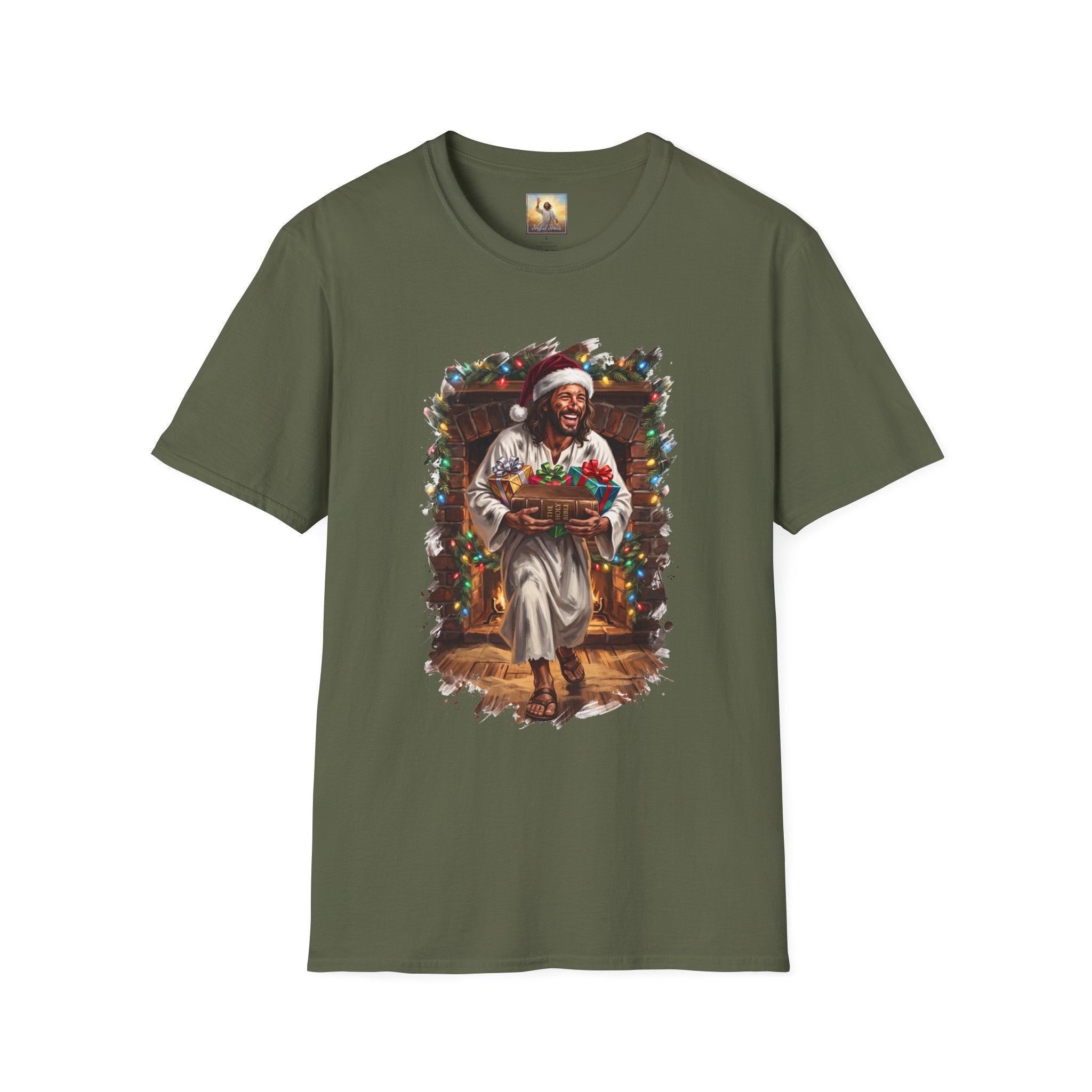 Jesus Santa Hat Shirt | Jesus Down the Chimney with Gifts Funny Christmas T Shirt | Joyful Jesus