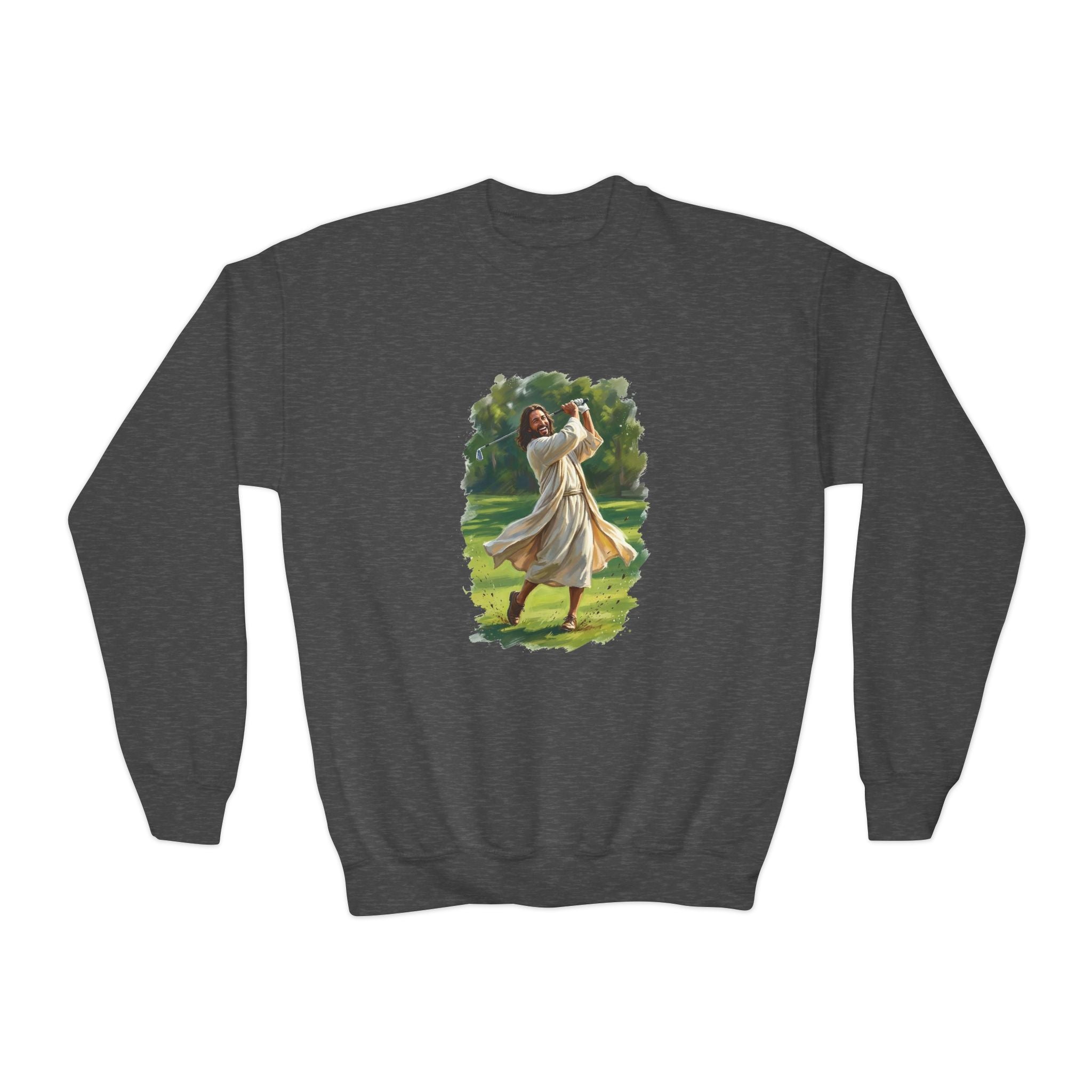 Kids God Sweatshirt | Jesus Playing Golf Christian Kids Crewneck Sweatshirt | Faith Apparel