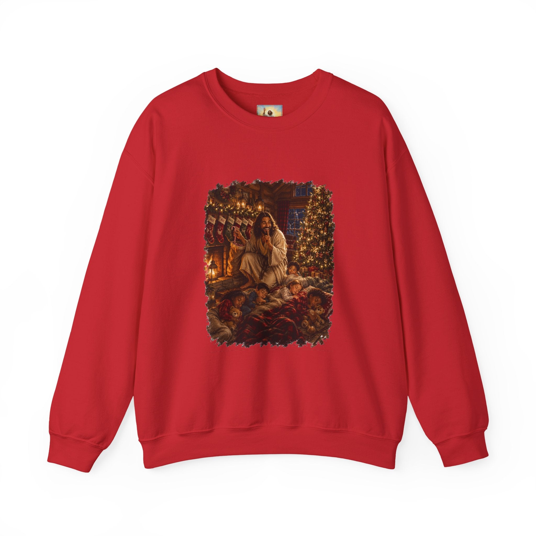 Christmas Eve Jesus Sweatshirt | Jesus by the Fire with Sleeping Children Christian Crewneck | Joyful Jesus