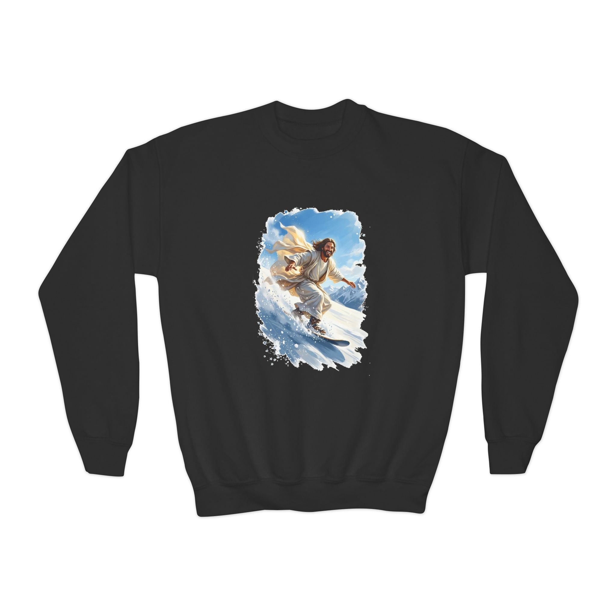 Kids God Sweatshirt | Jesus Snowboarding Christian Kids Crewneck Sweatshirt | Joyful Jesus Faith Apparel