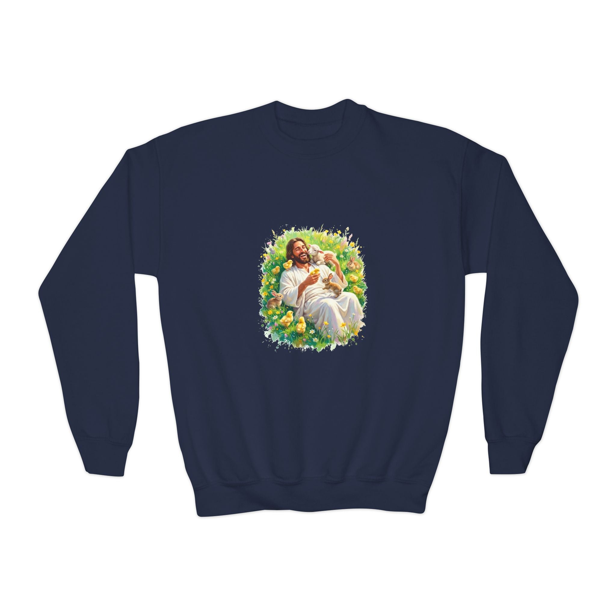 Kids Christian Sweatshirt | Jesus with Baby Animals Faith Kids Crewneck Sweatshirt | Joyful Jesus
