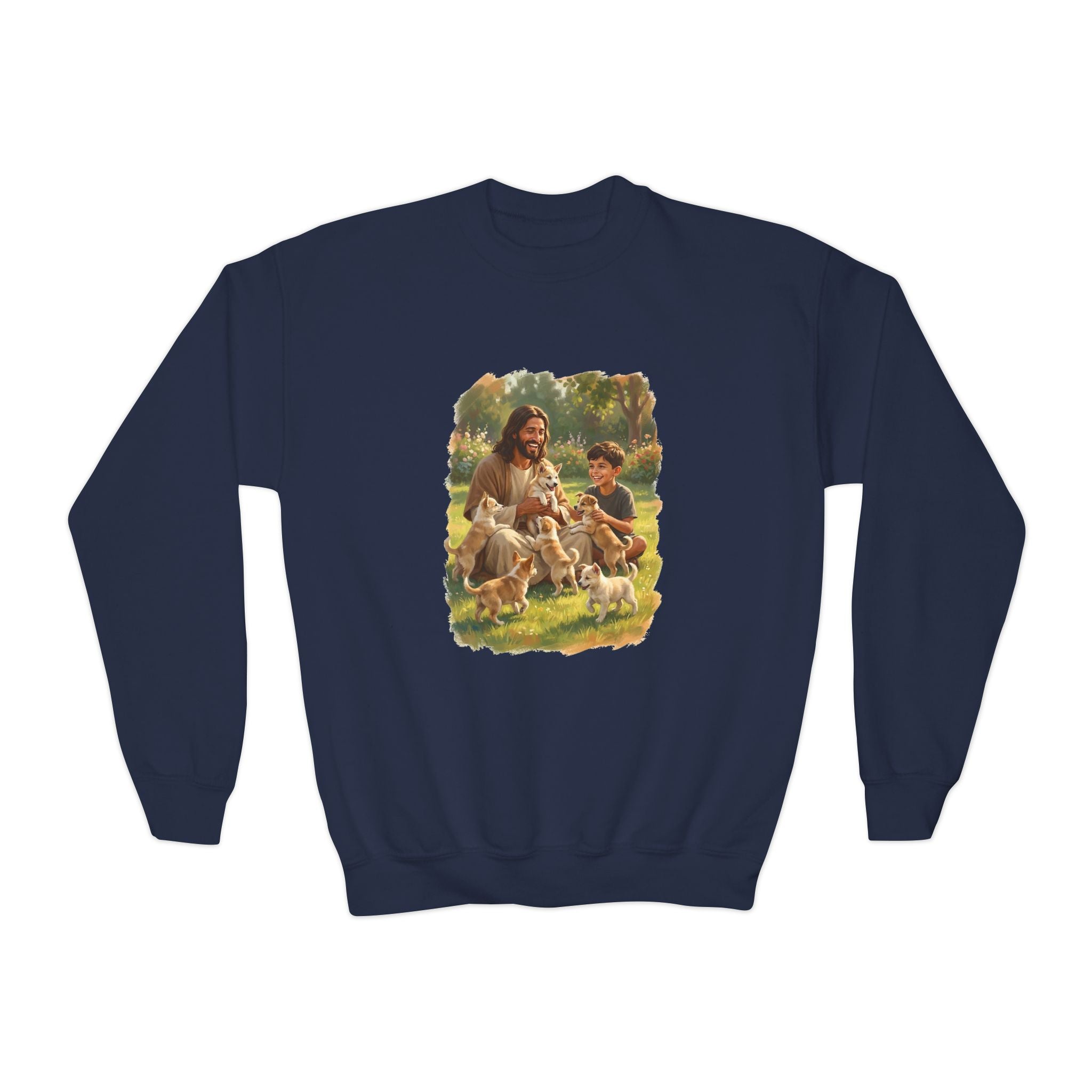 Kids Funny Jesus Sweatshirt | Jesus Playing with Puppies Christian Kids Crewneck Sweatshirt | Joyful Jesus