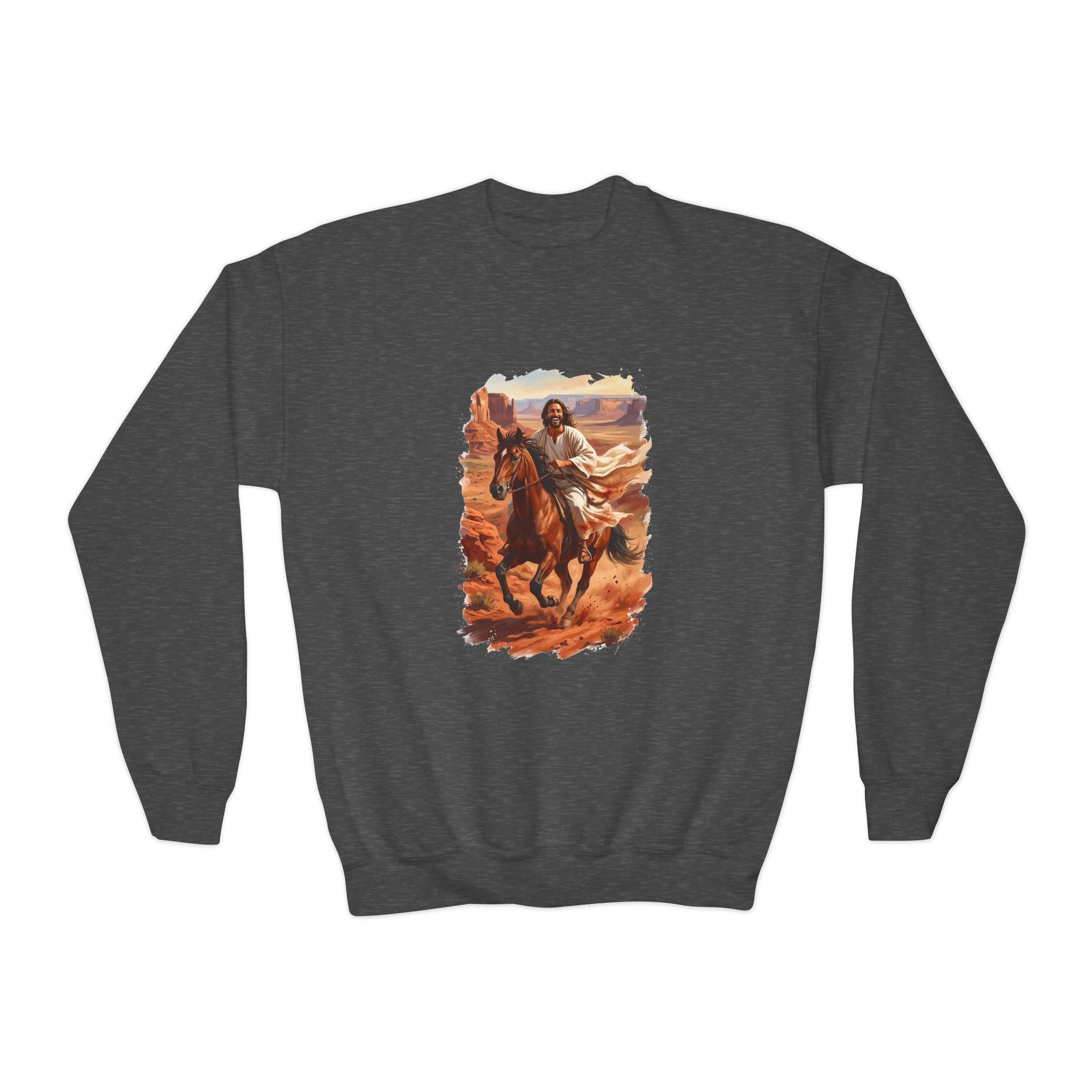 Kids Jesus Sweatshirt | Jesus on Horseback Christian Apparel Kids Crewneck Sweatshirt | Joyful Jesus