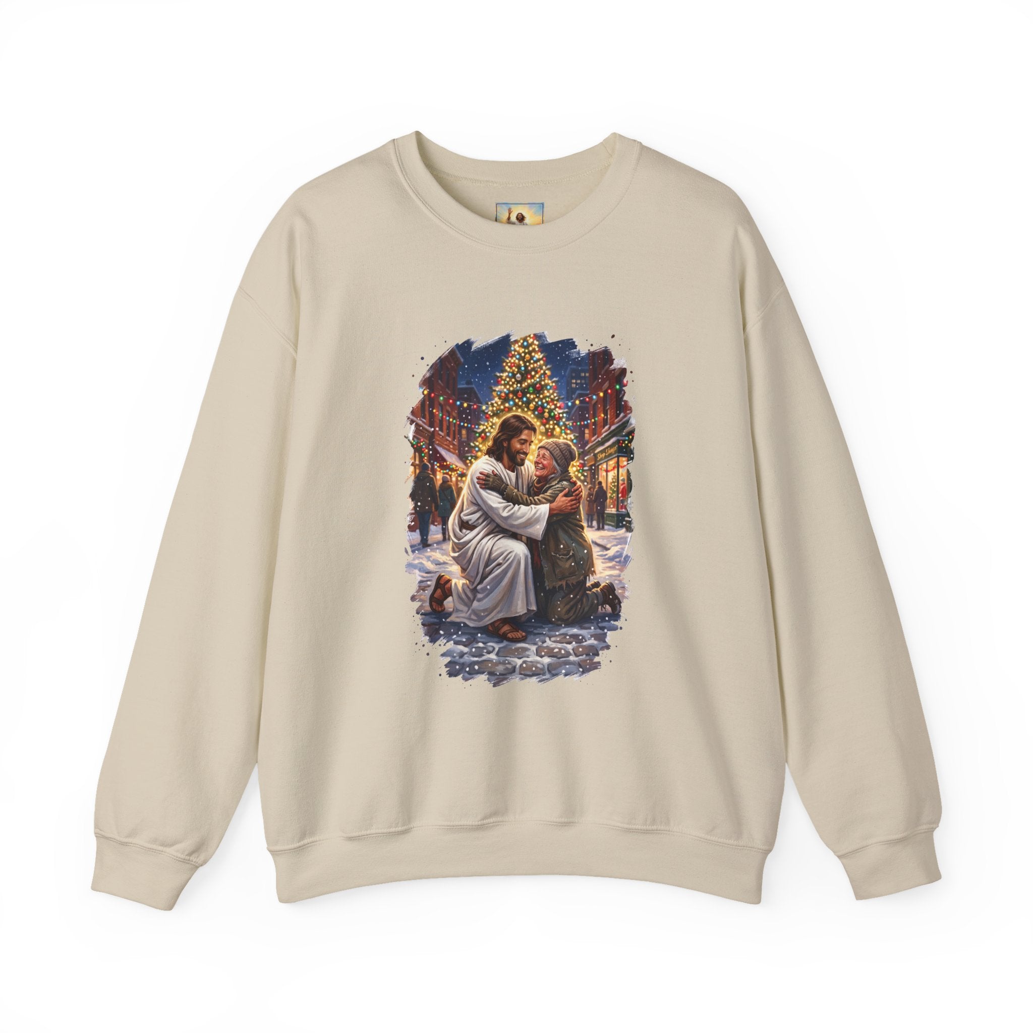 Jesus Hug Sweatshirt | Jesus Embracing a Stranger on Christmas Night Christian Crewneck | Joyful Jesus