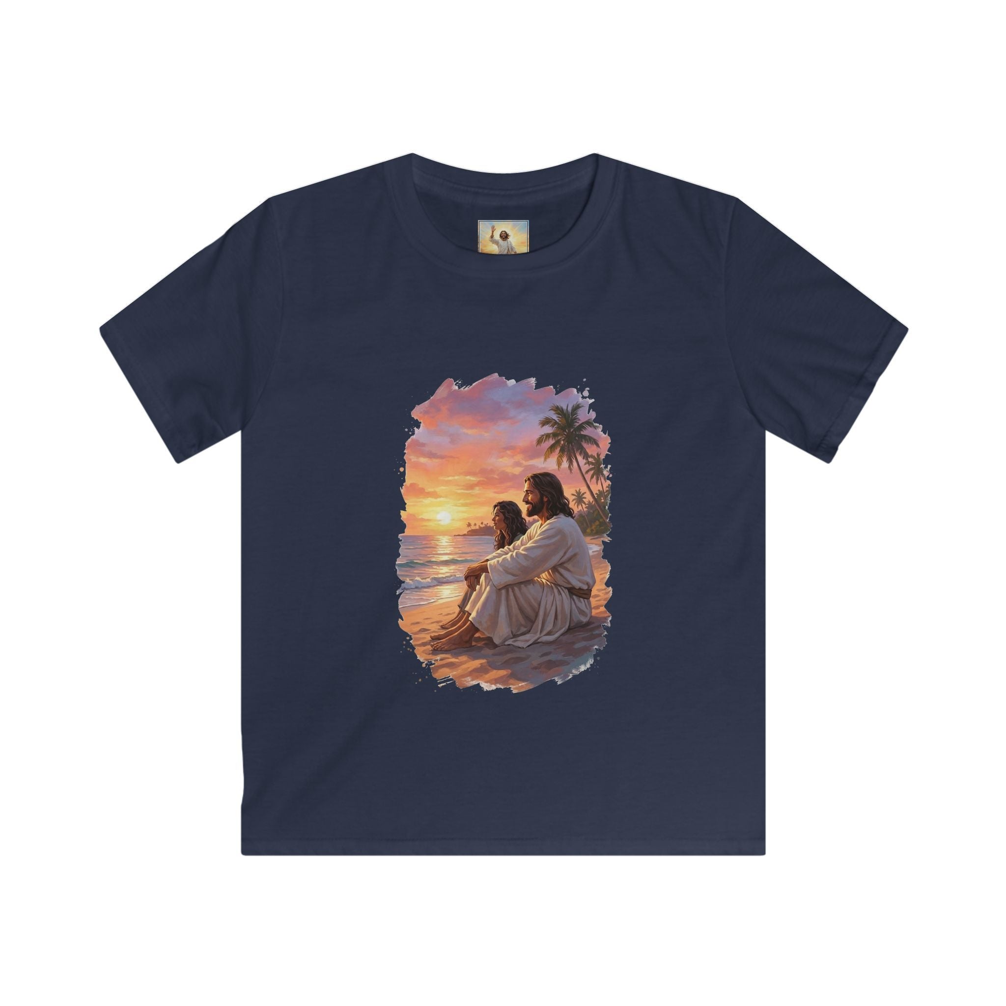 Kids Religious Shirt | Jesus on the Beach at Sunset Christian Kids T Shirt | Joyful Jesus