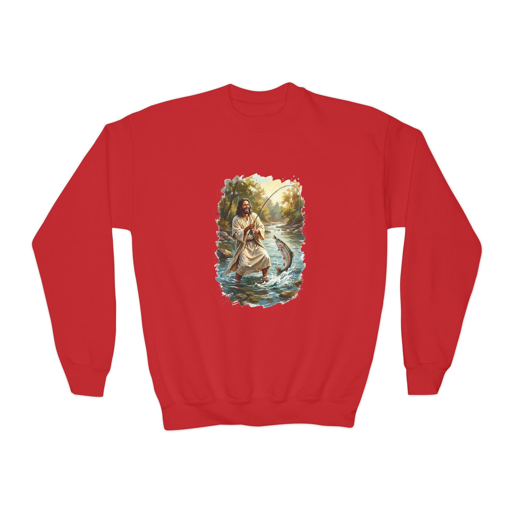 Kids Jesus Sweatshirt | Fly Fishing Jesus Christian Kids Crewneck Sweatshirt | Joyful Jesus God Sweatshirt