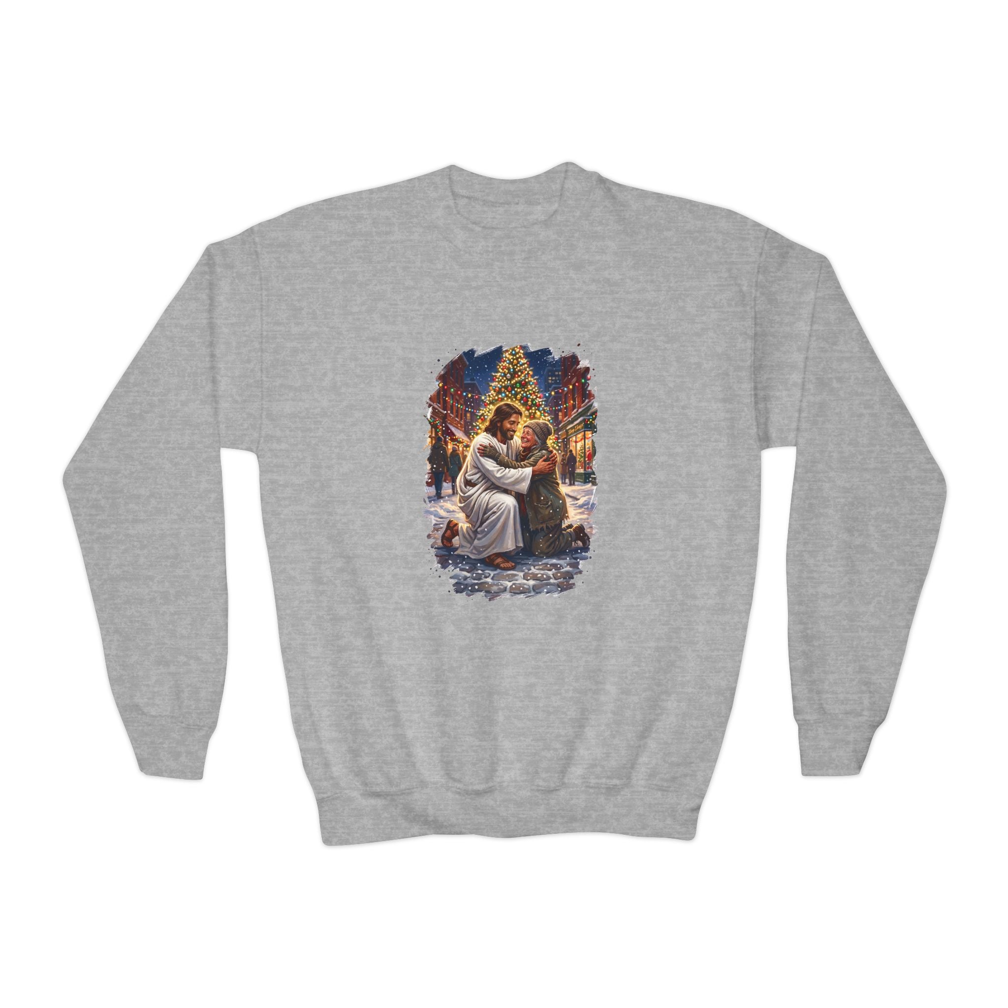 Kids Jesus Hug Sweatshirt | Jesus Embracing a Stranger on Christmas Night Christian Kids Crewneck Sweatshirt | Joyful Jesus