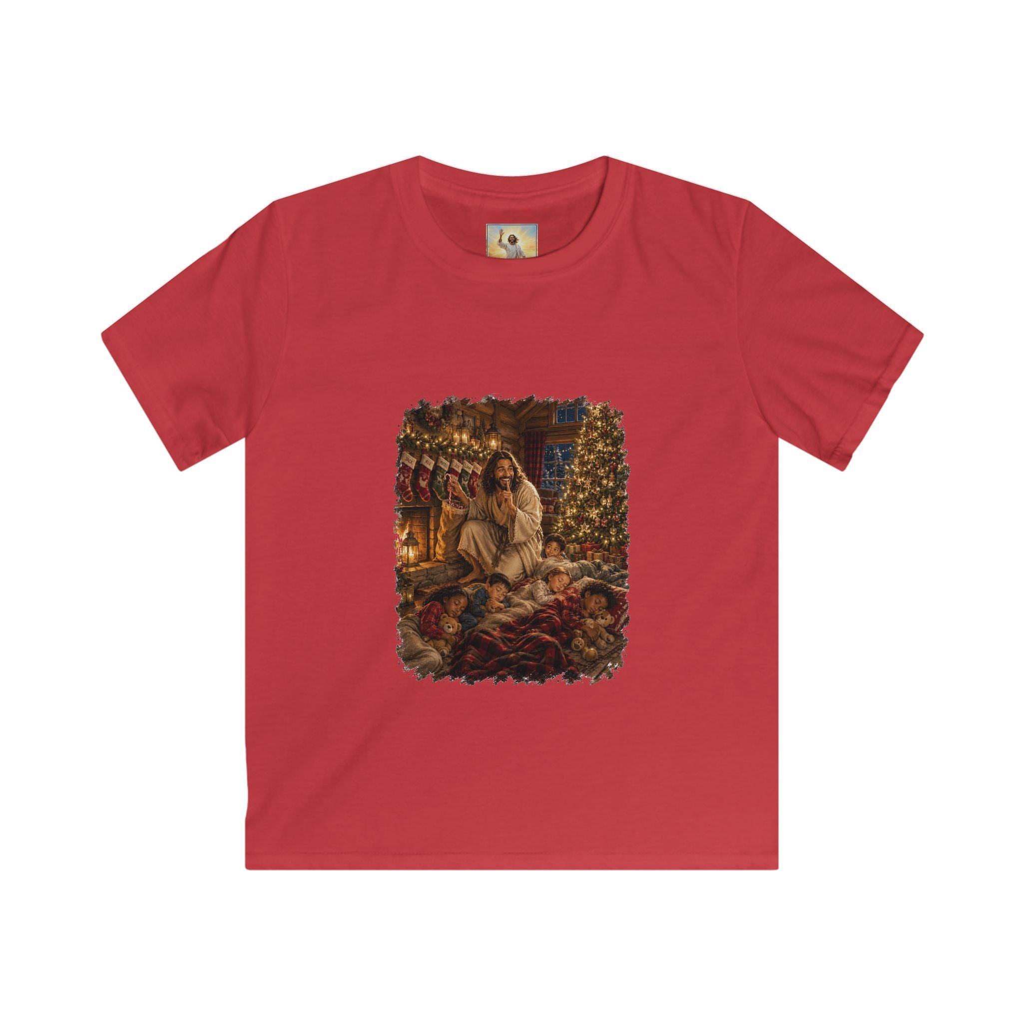 Kids Christmas Eve Jesus Shirt | Jesus by the Fire with Sleeping Children Christian Kids T Shirt | Joyful Jesus