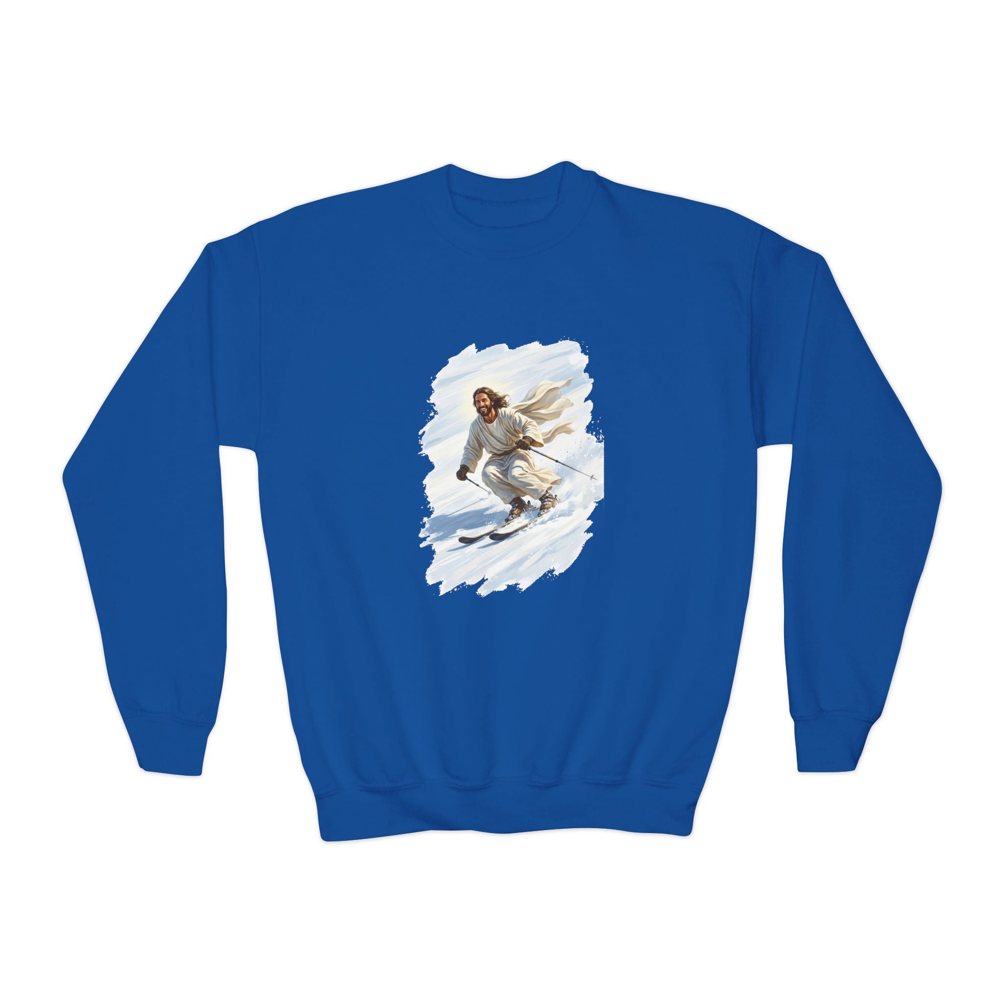 Kids Jesus Sweatshirt | Skiing Jesus Christian Apparel Kids Crewneck Sweatshirt | Joyful Jesus Faith Sweatshirt