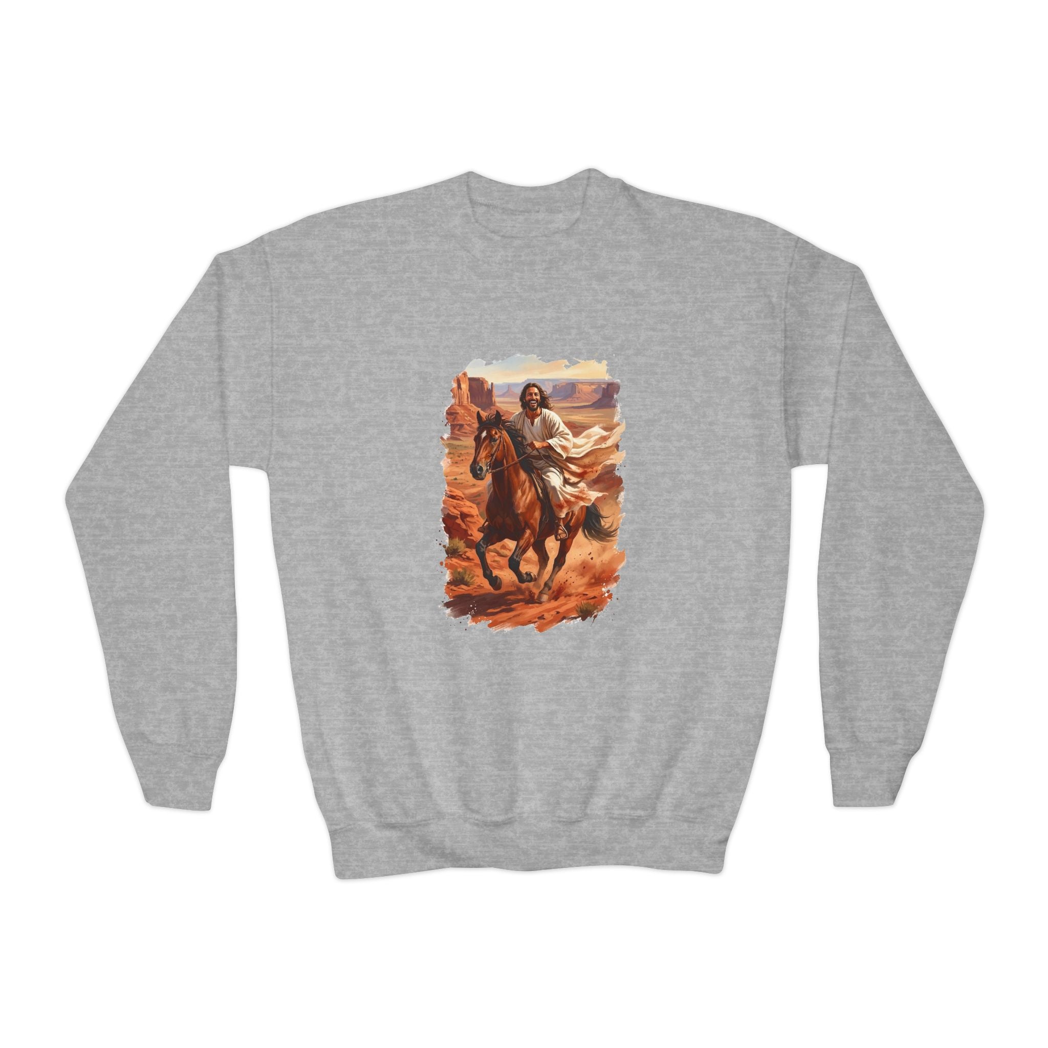 Kids Jesus Sweatshirt | Jesus on Horseback Christian Apparel Kids Crewneck Sweatshirt | Joyful Jesus