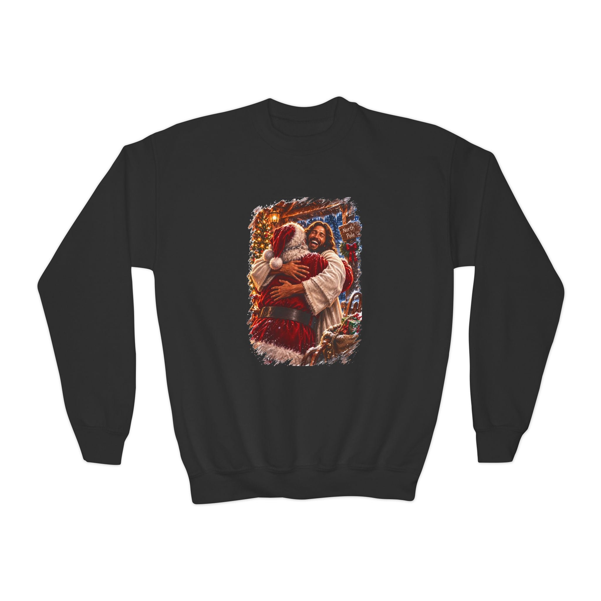 Kids Jesus Hugging Santa Sweatshirt | Funny Christian Christmas Kids Crewneck Sweatshirt | Joyful Jesus