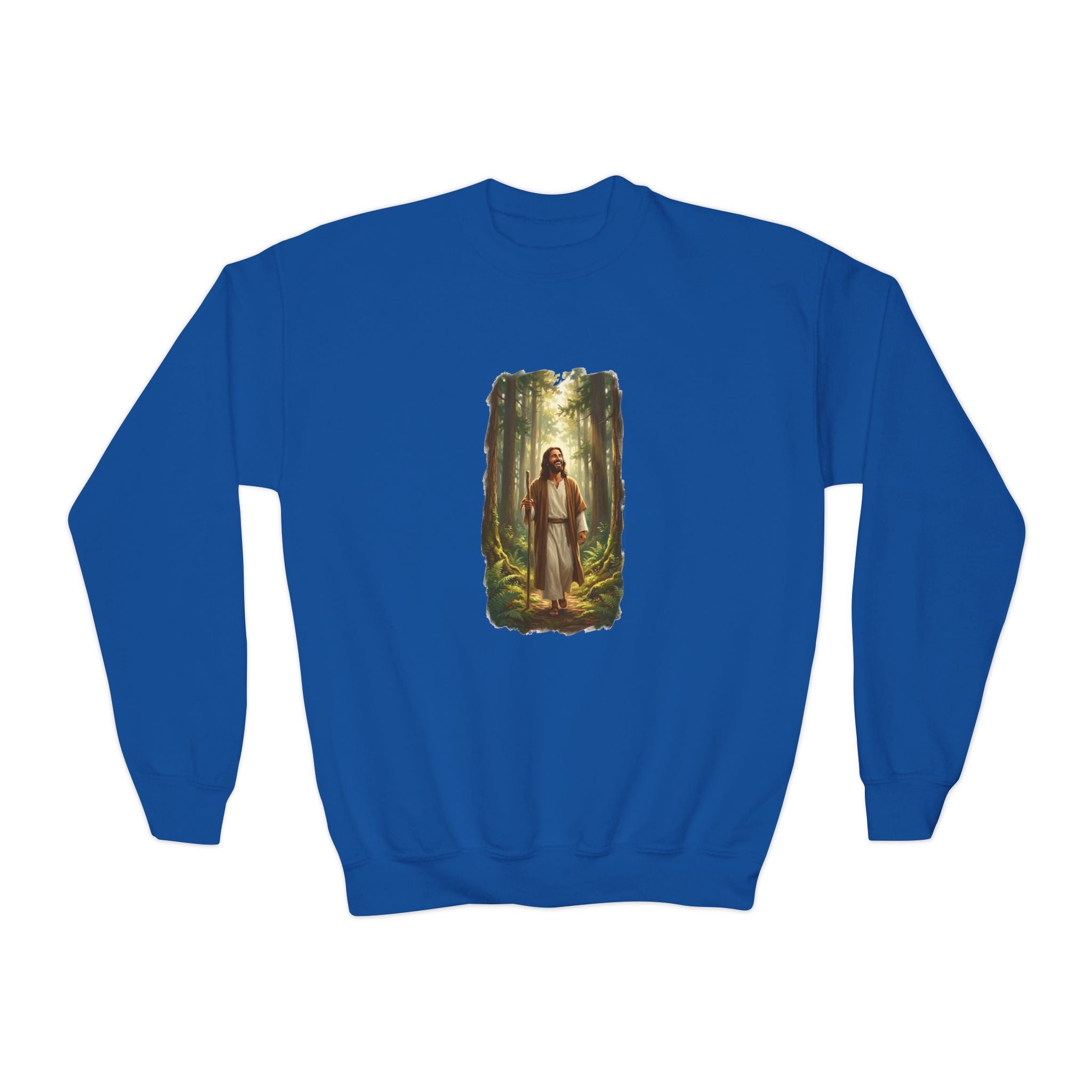 Kids Religious Sweatshirt | Jesus Walking in the Woods Christian Kids Crewneck Sweatshirt | Faith Sweatshirt