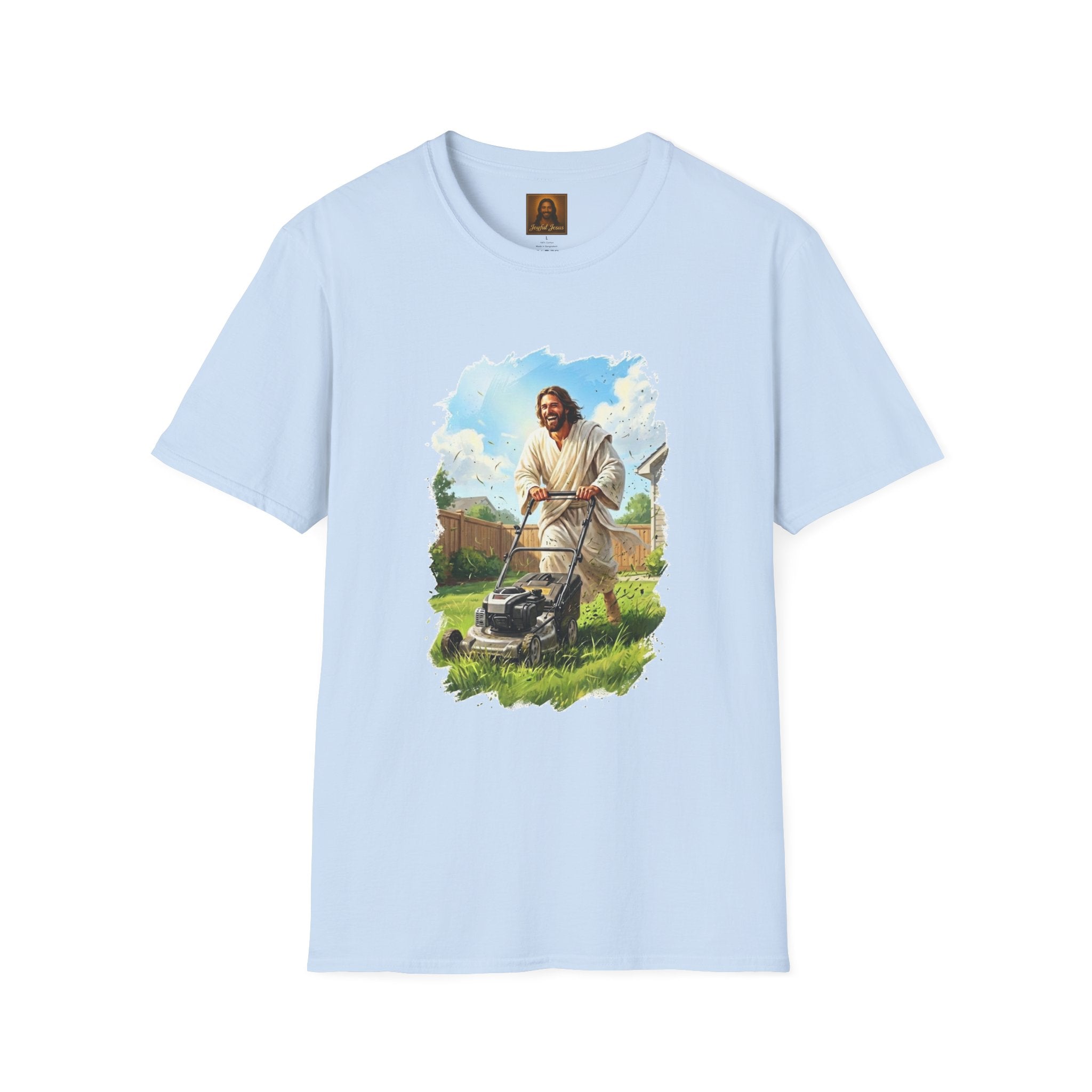 Jesus Mowing Lawn T-Shirt | Jesus with Lawn Mower, Religious Humorous Tee