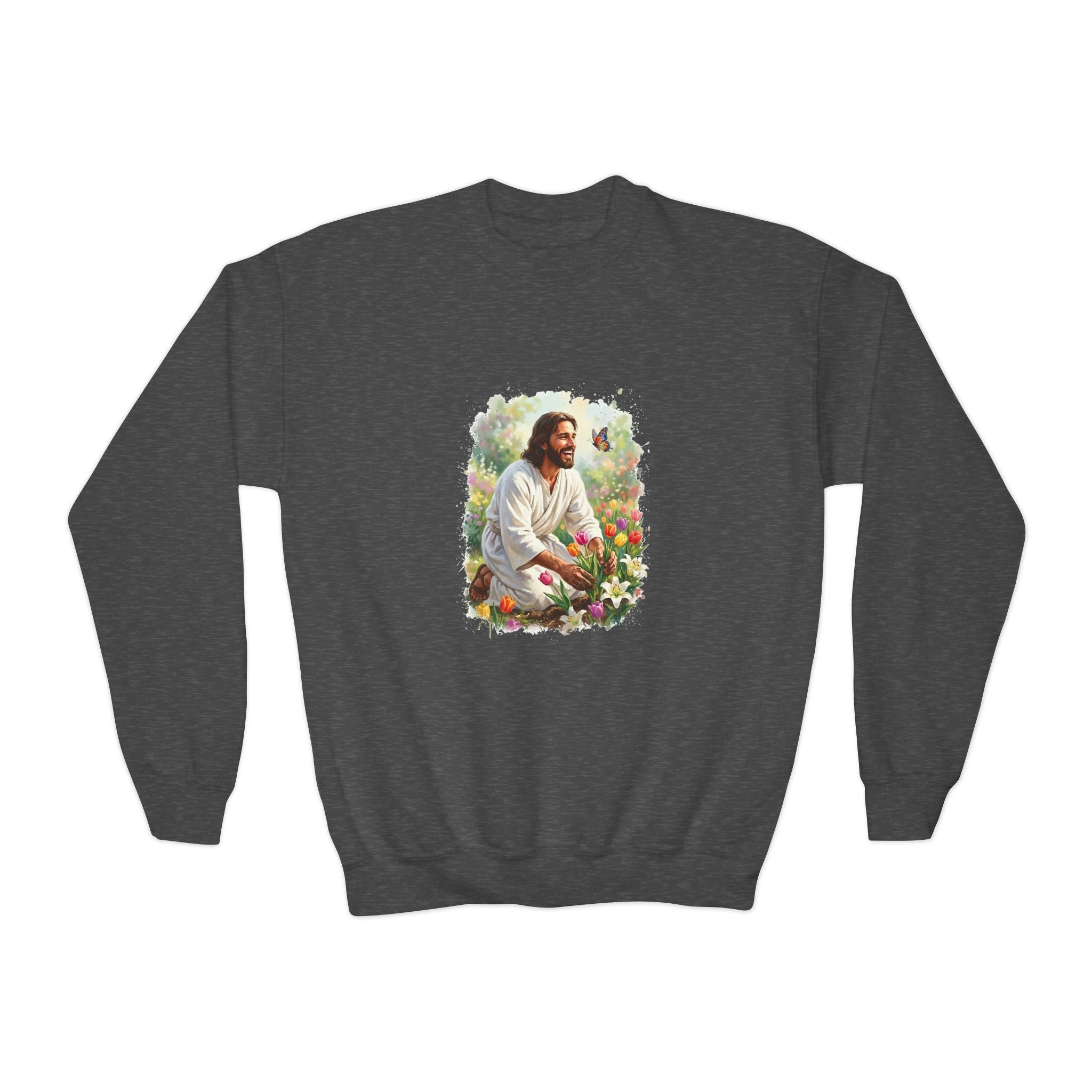 Kids Religious Sweatshirt | Jesus in the Garden Christian Kids Crewneck Sweatshirt | Joyful Jesus