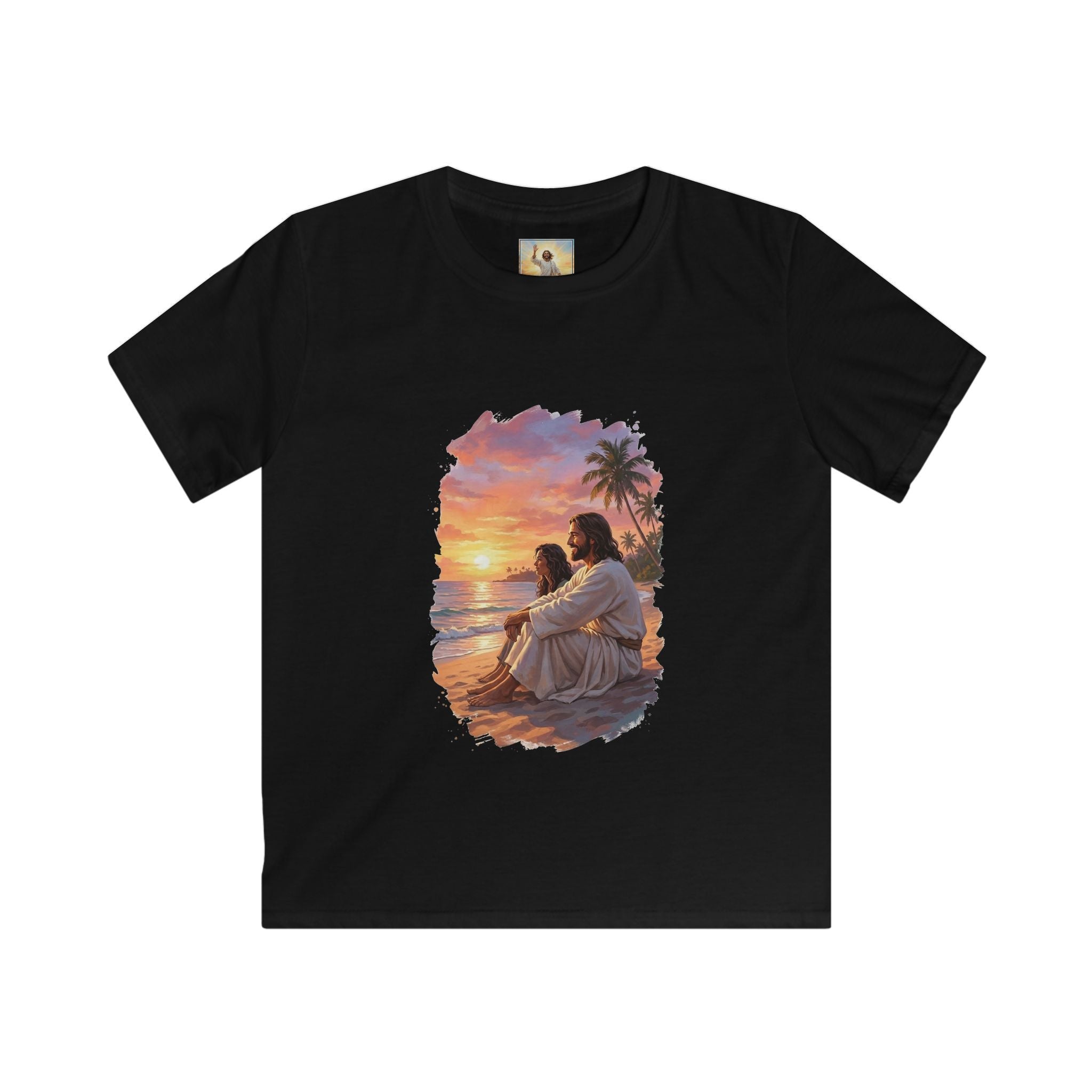 Kids Religious Shirt | Jesus on the Beach at Sunset Christian Kids T Shirt | Joyful Jesus