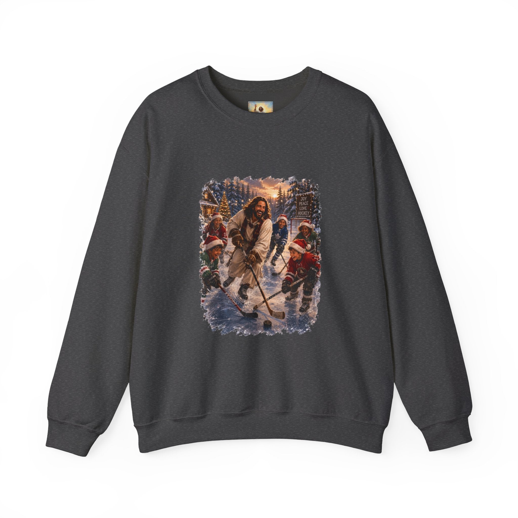 Jesus Hockey Sweatshirt | Jesus Playing Hockey with Kids Christian Christmas Crewneck | Joyful Jesus