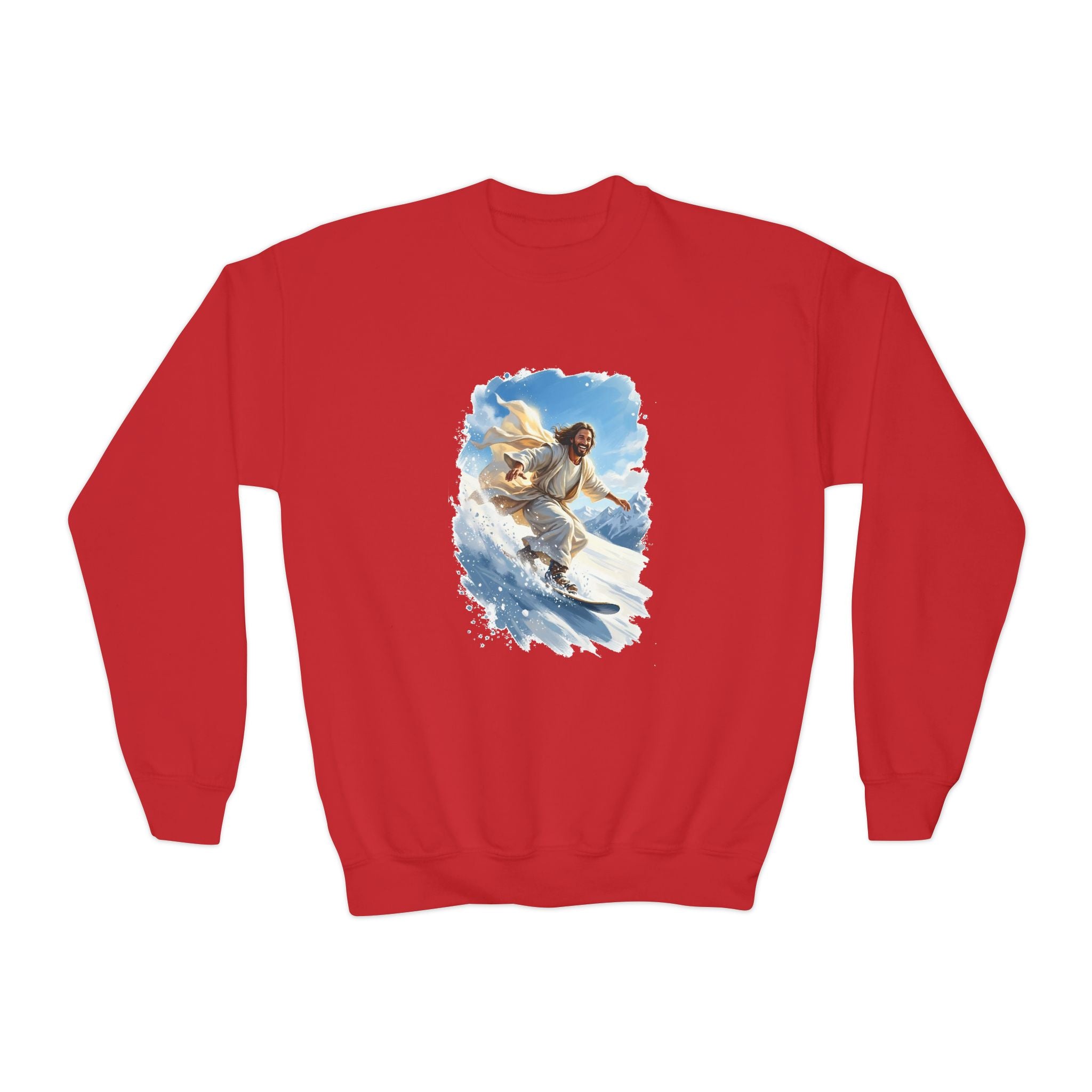 Kids God Sweatshirt | Jesus Snowboarding Christian Kids Crewneck Sweatshirt | Joyful Jesus Faith Apparel