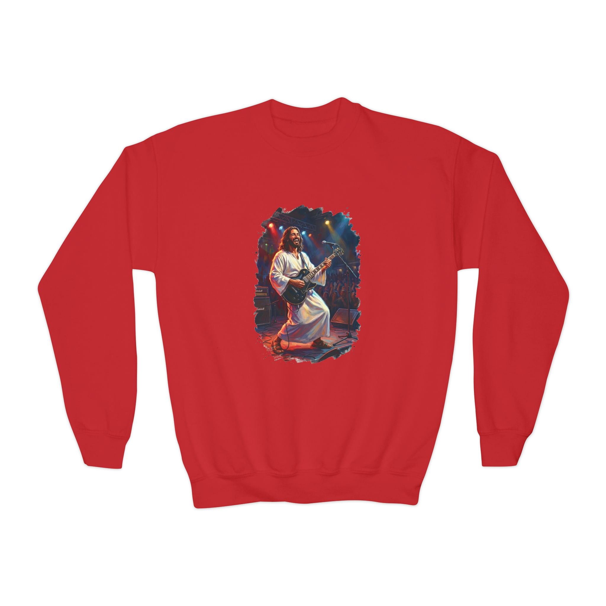 Kids Christian Sweatshirt | Jesus Playing Guitar at Concert Kids Crewneck Sweatshirt | Joyful Jesus Faith Sweatshirt