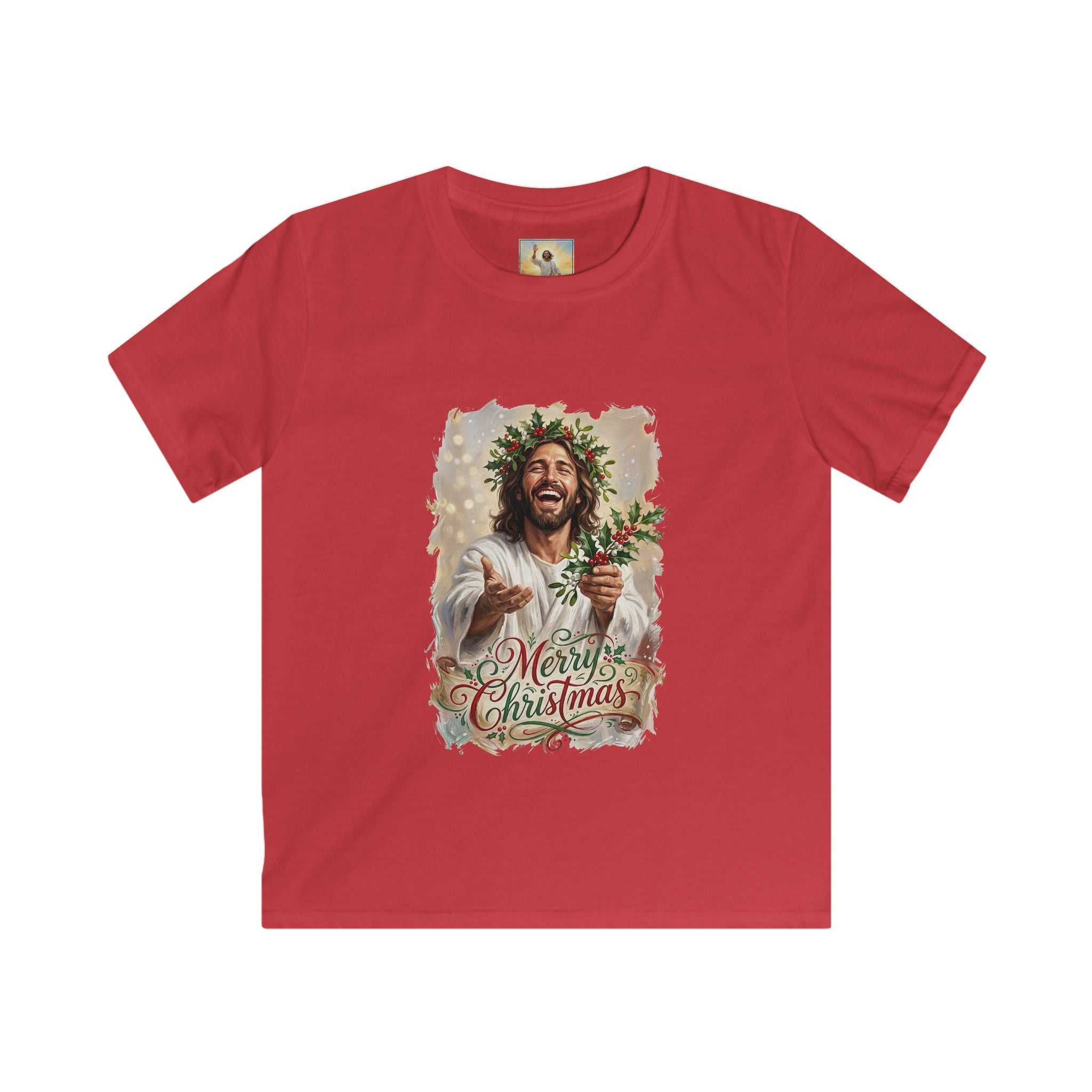Kids Merry Christmas Jesus Shirt | Laughing Jesus with Holly Christian Christmas Kids T Shirt | Joyful Jesus