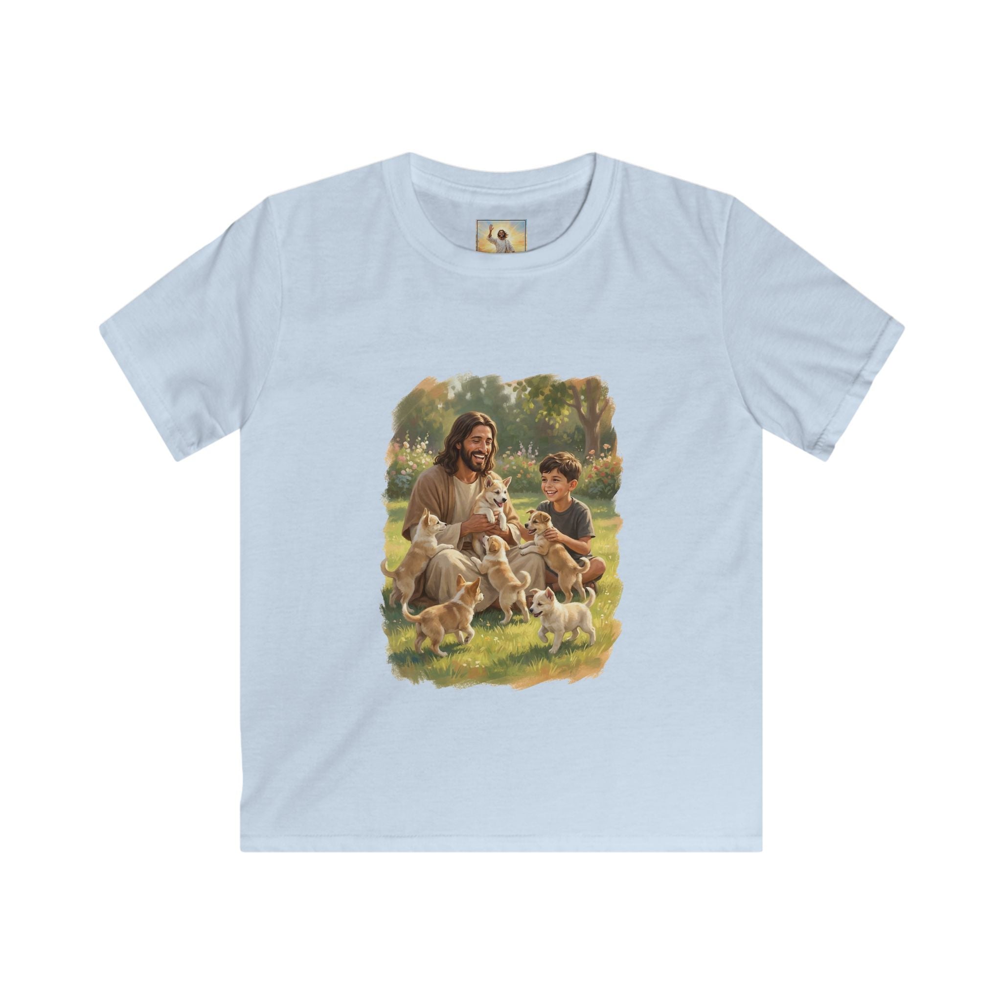 Kids Funny Jesus Shirt | Jesus Playing with Puppies Christian Kids T Shirt | Joyful Jesus