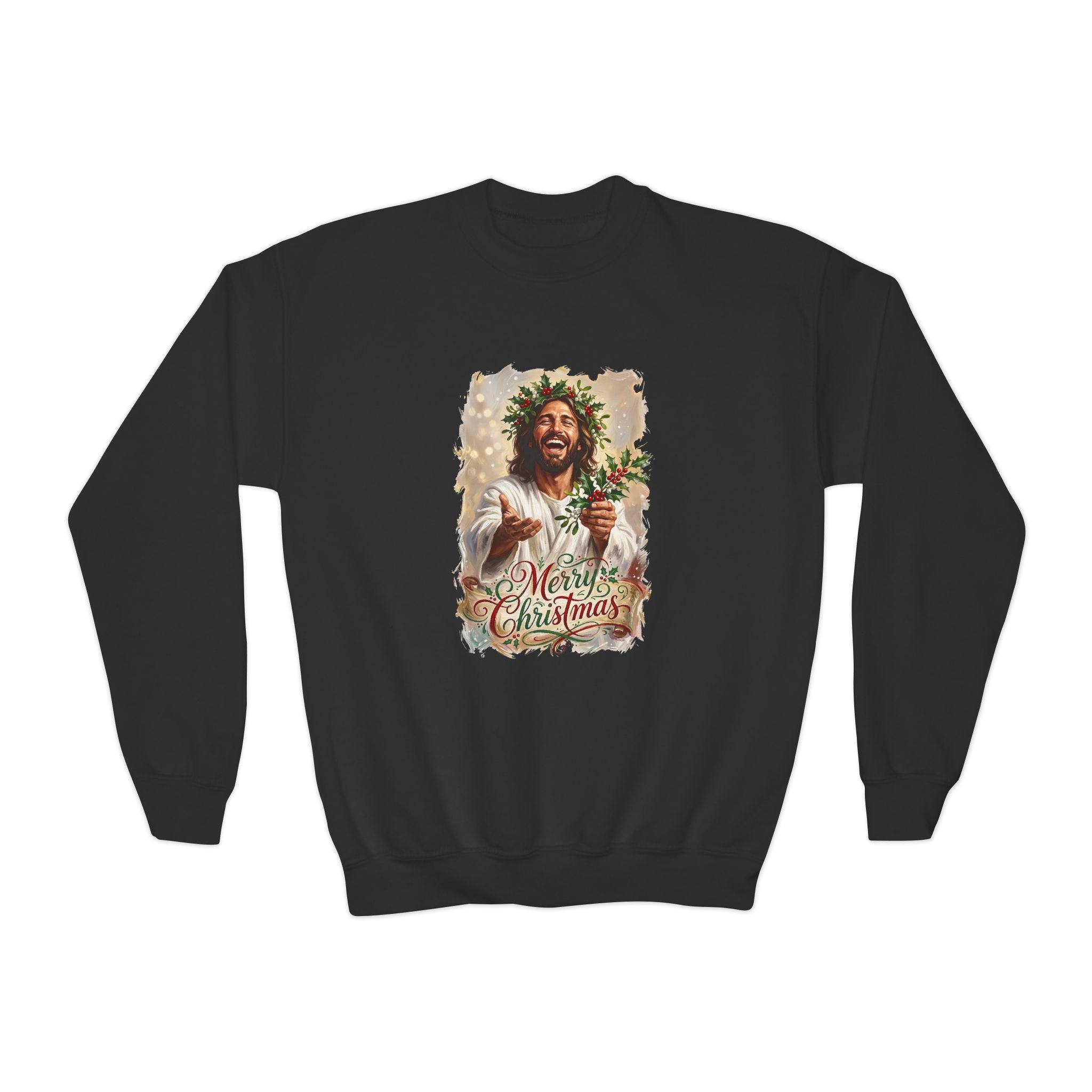 Kids Merry Christmas Jesus Sweatshirt | Laughing Jesus with Holly Christian Christmas Kids Crewneck Sweatshirt | Joyful Jesus