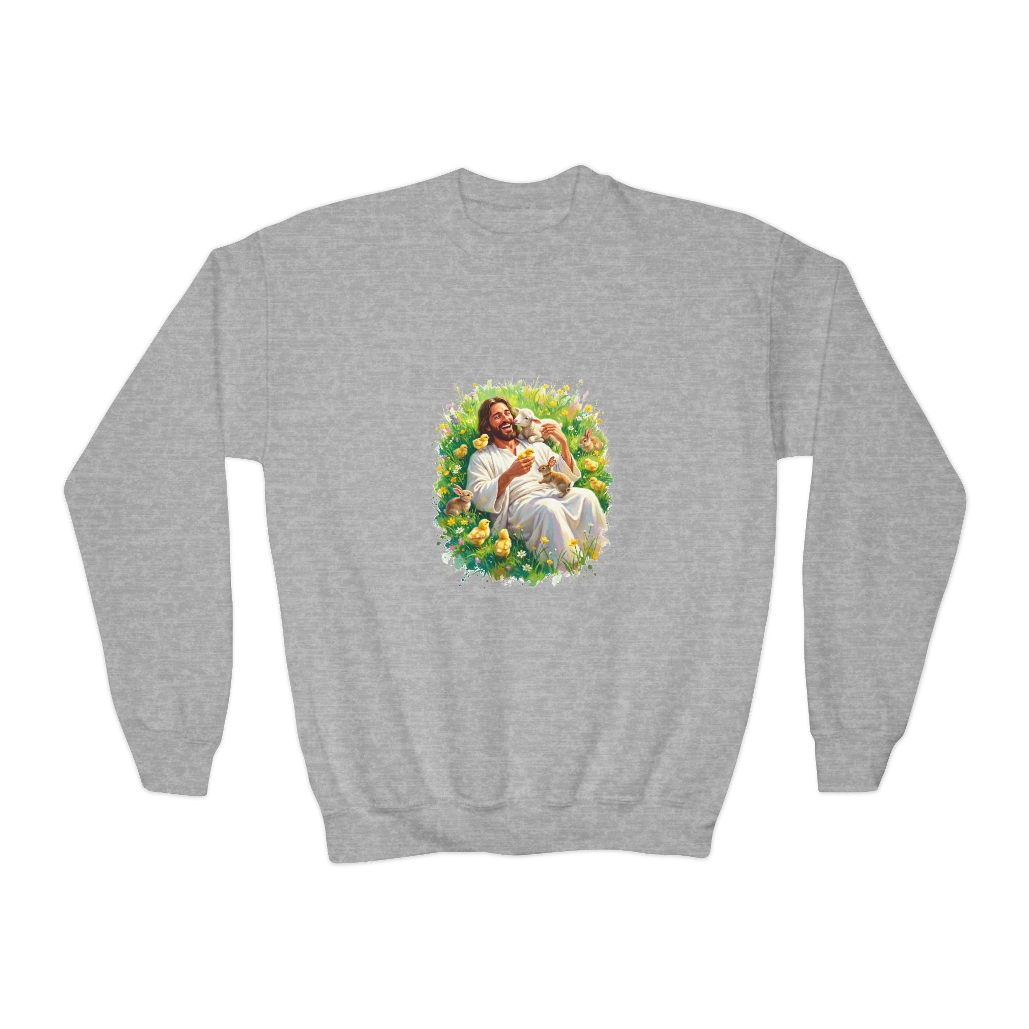 Kids Christian Sweatshirt | Jesus with Baby Animals Faith Kids Crewneck Sweatshirt | Joyful Jesus