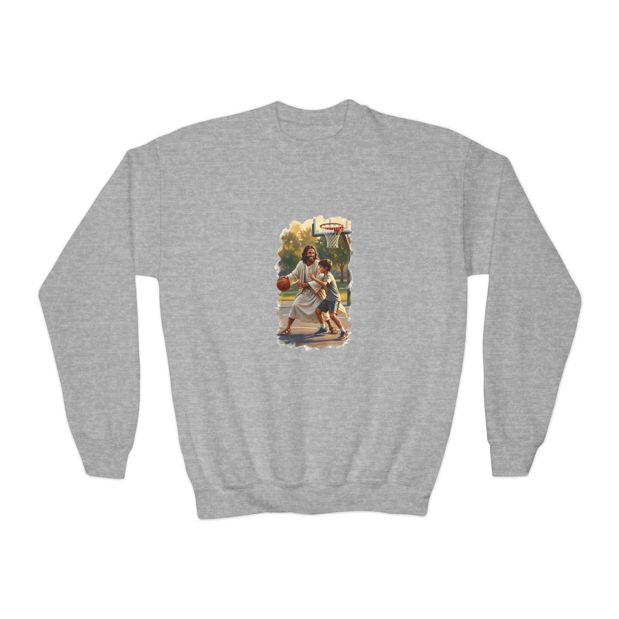 Kids Funny Jesus Sweatshirt | Jesus Playing Basketball Christian Kids Crewneck Sweatshirt | Joyful Jesus