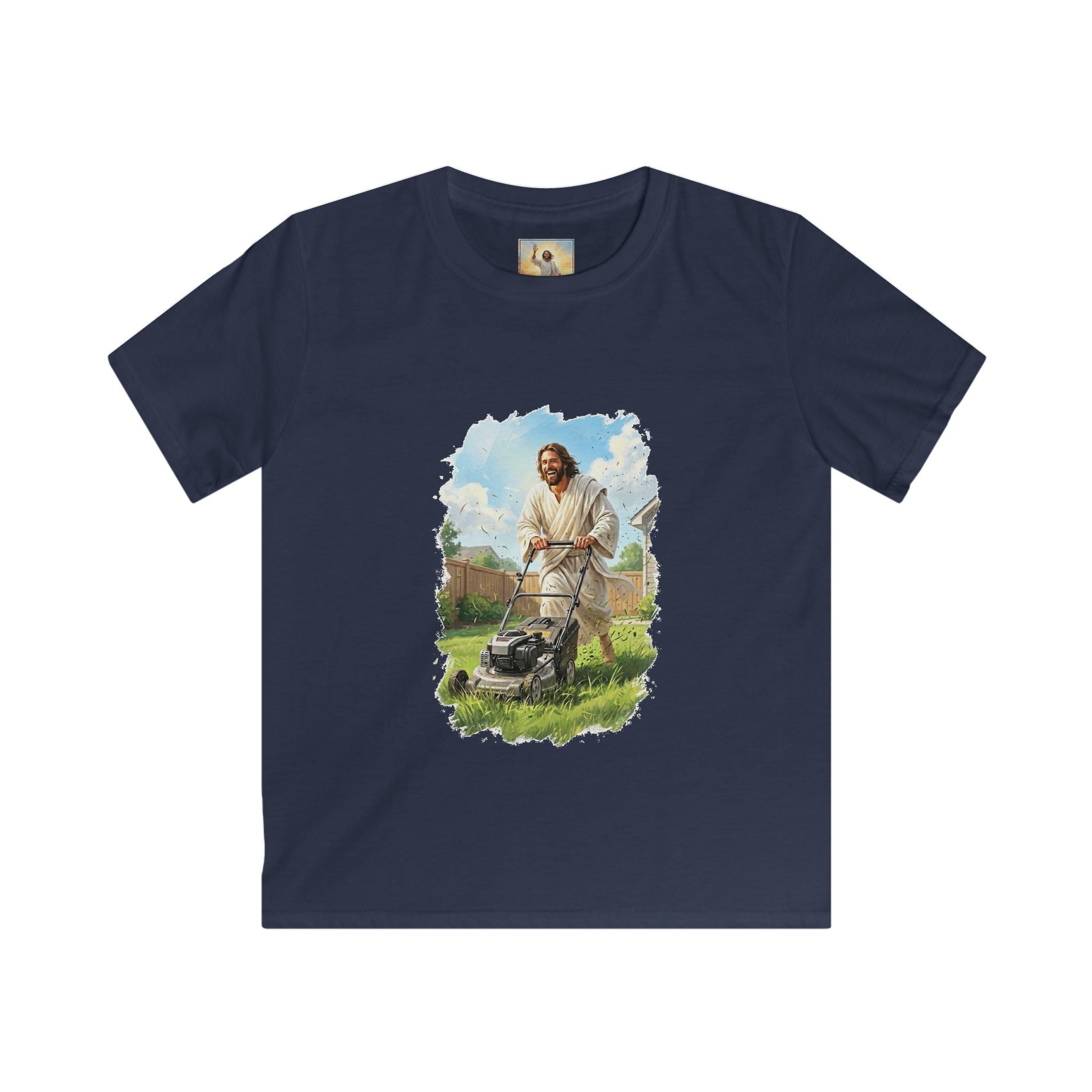 Kids Jesus Shirt | Jesus Mowing the Lawn Funny Kids T Shirt | Joyful Jesus