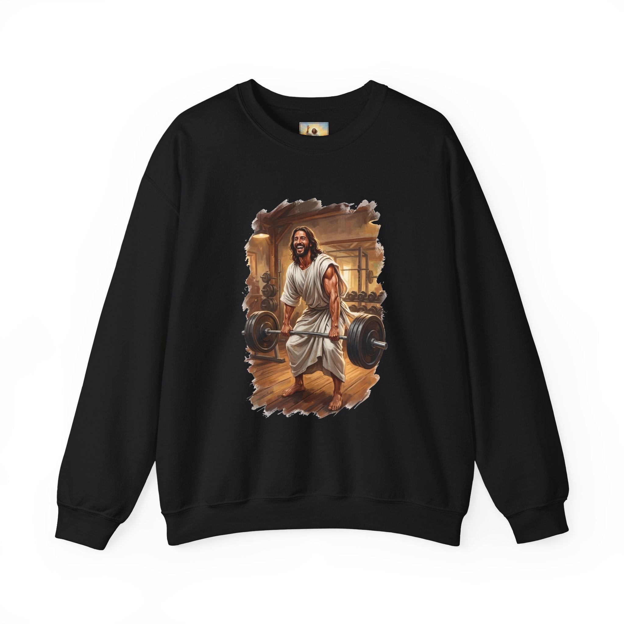 Funny Jesus Sweatshirt | Jesus Lifting Weights Christian Crewneck Sweatshirt | Faith Apparel