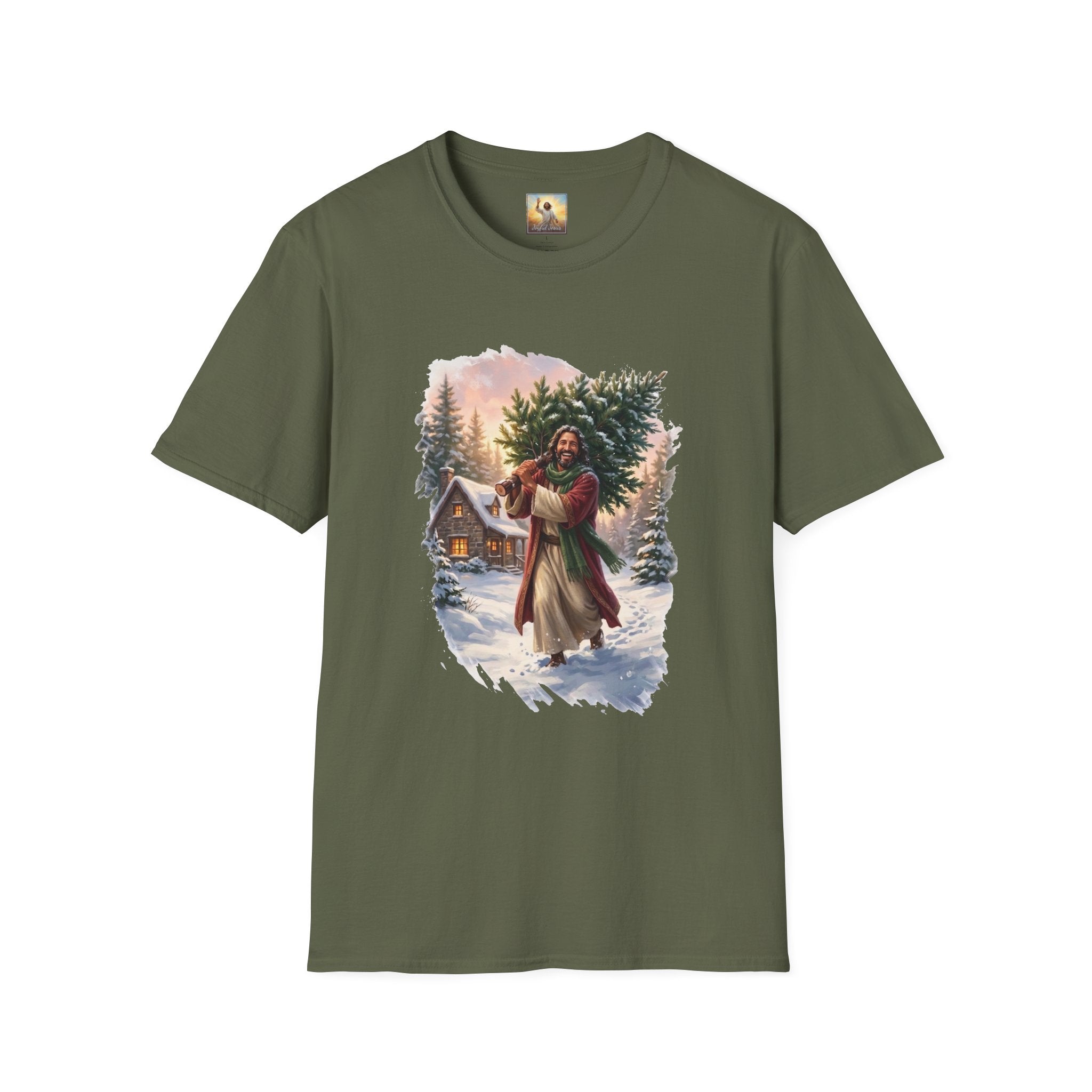 Jesus Christmas Tree Shirt | Jesus Carrying a Christmas Tree Christian Christmas Tee | Joyful Jesus