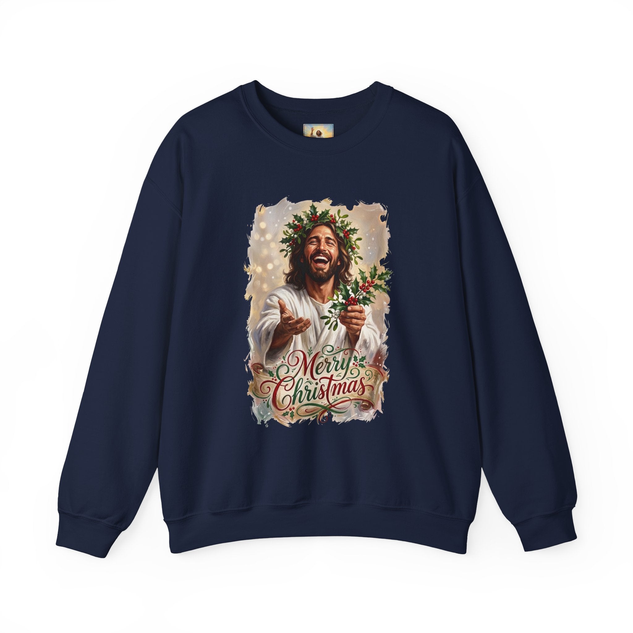 Merry Christmas Jesus Sweatshirt | Laughing Jesus with Holly Christian Crewneck | Joyful Jesus