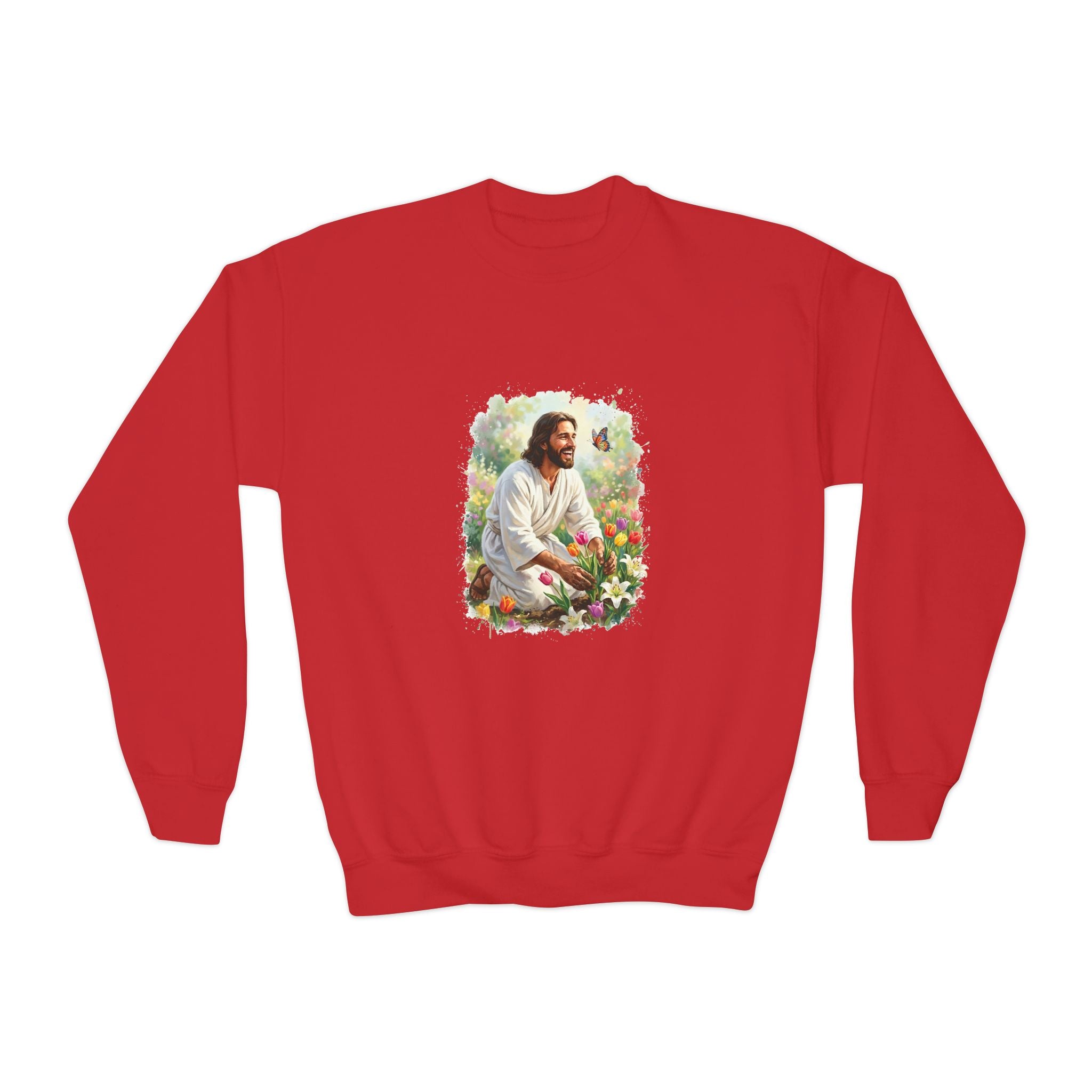 Kids Religious Sweatshirt | Jesus in the Garden Christian Kids Crewneck Sweatshirt | Joyful Jesus