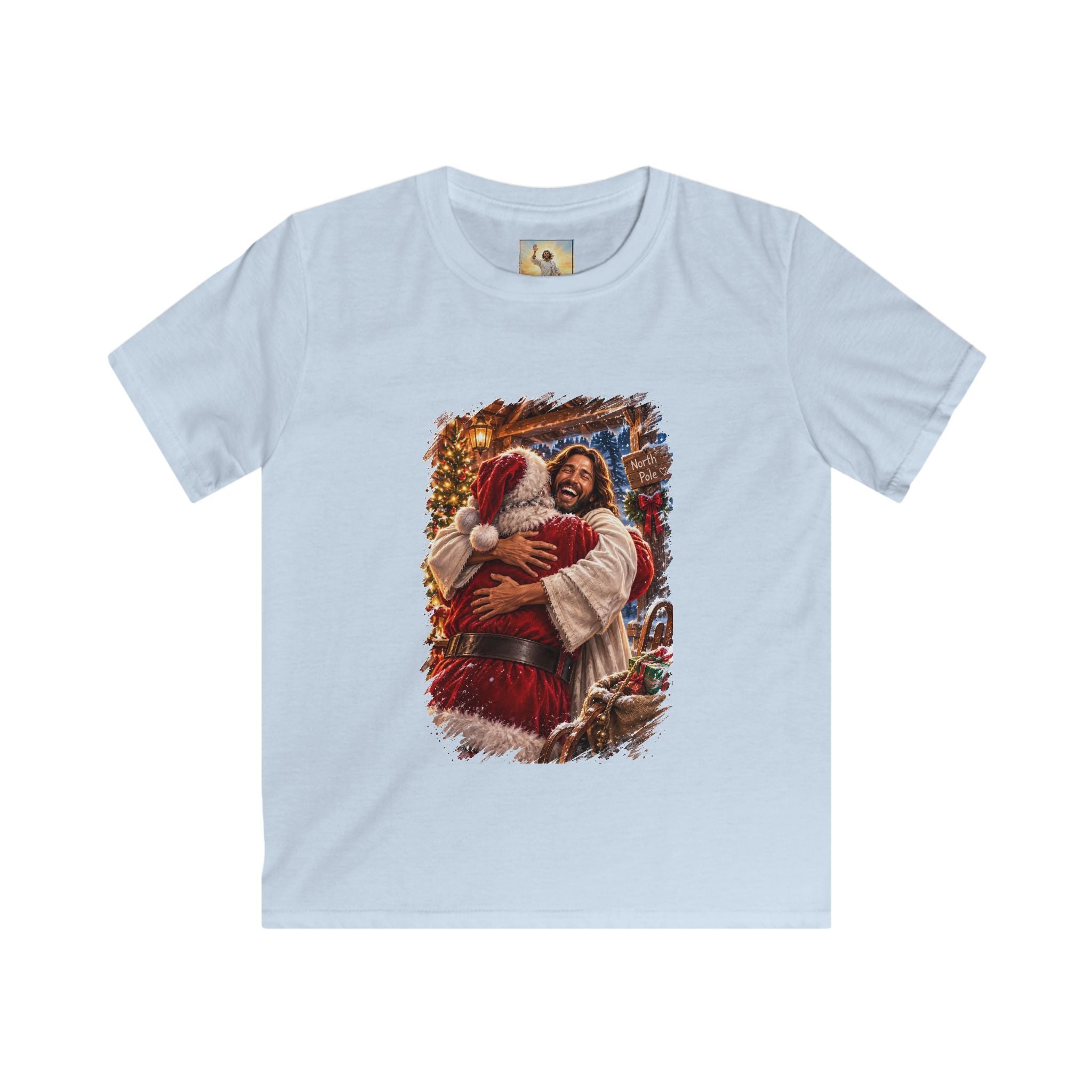 Kids Jesus Hugging Santa Shirt | Funny Christian Christmas Kids T Shirt | Joyful Jesus