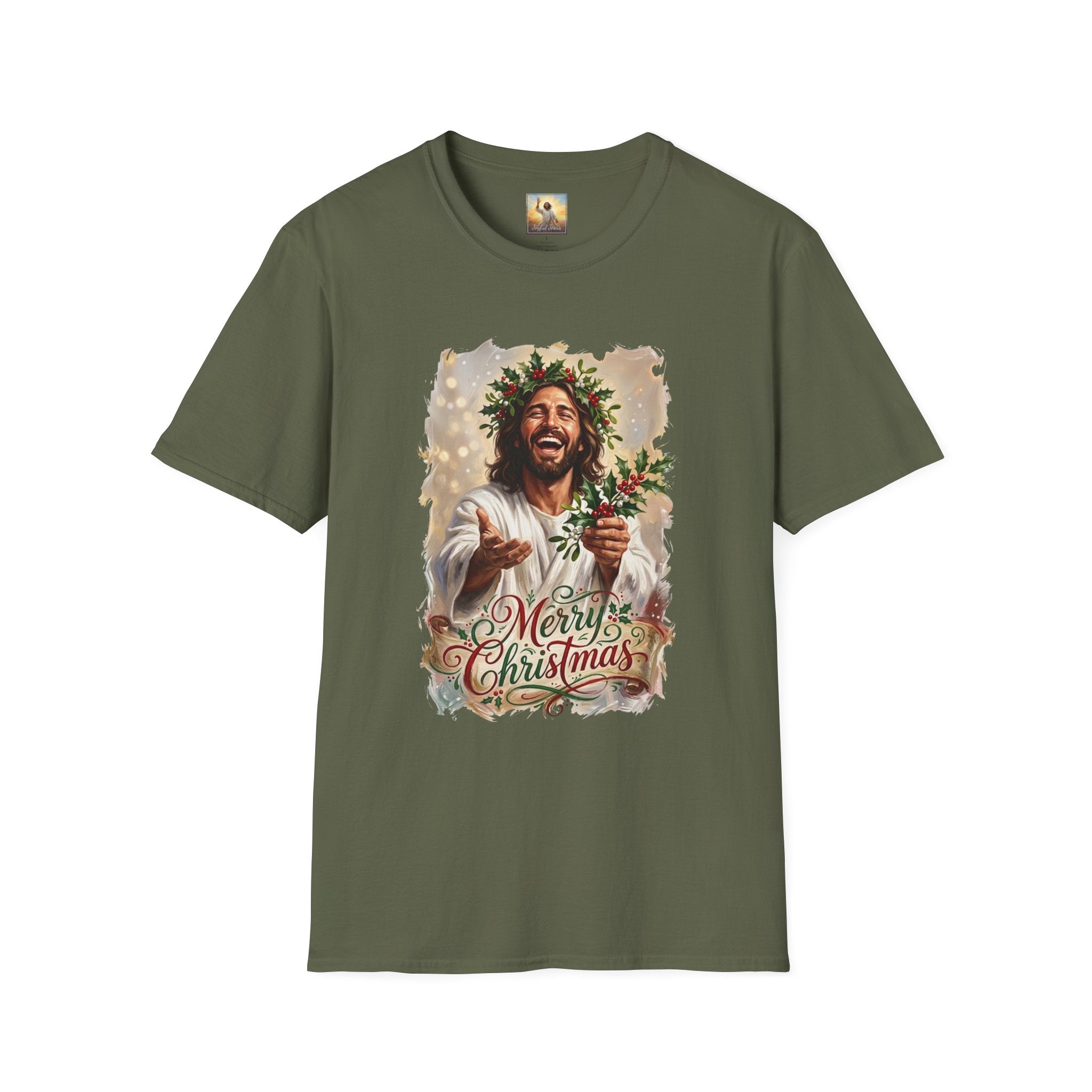 Merry Christmas Jesus Shirt | Laughing Jesus with Holly Christian Christmas T Shirt | Joyful Jesus