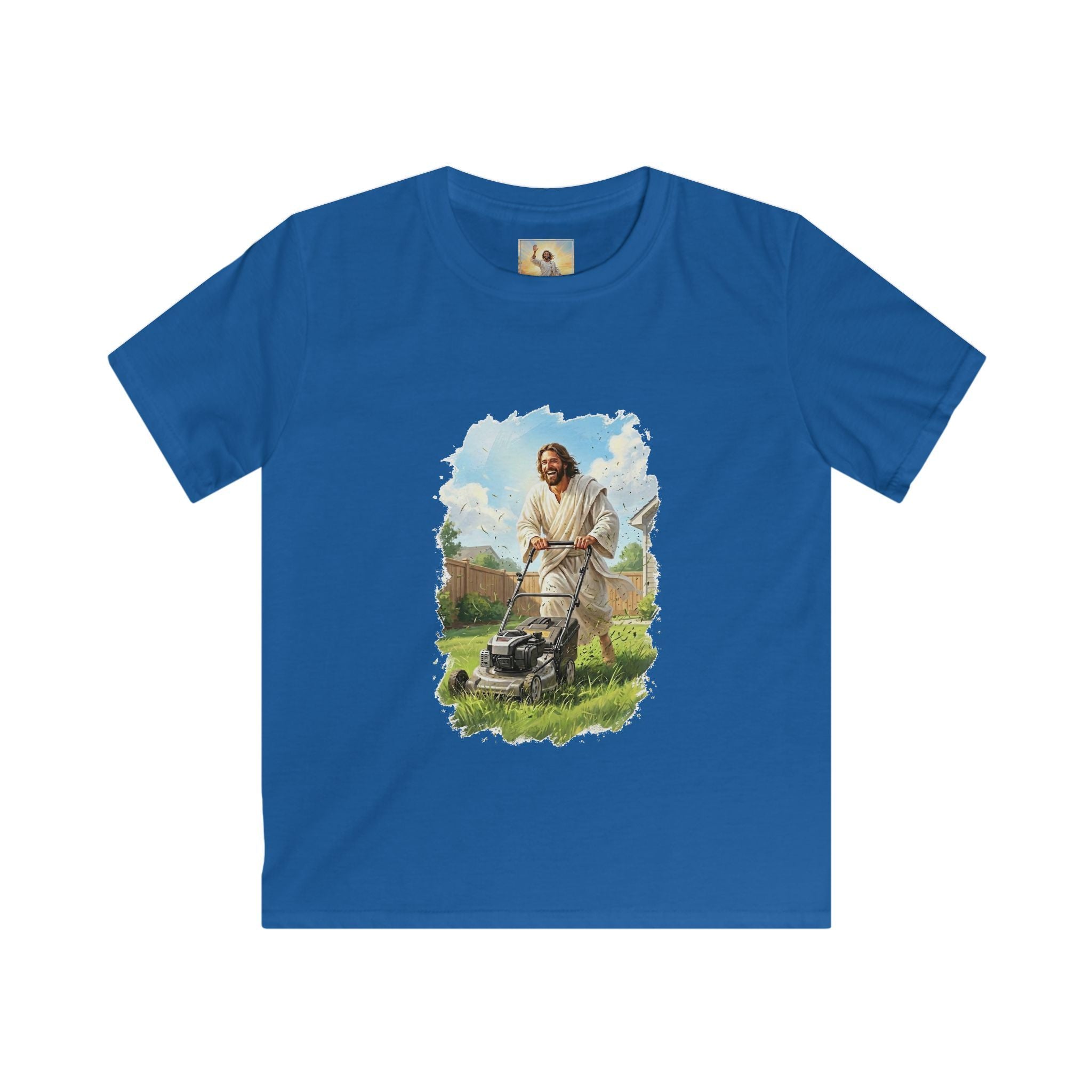 Kids Jesus Shirt | Jesus Mowing the Lawn Funny Kids T Shirt | Joyful Jesus