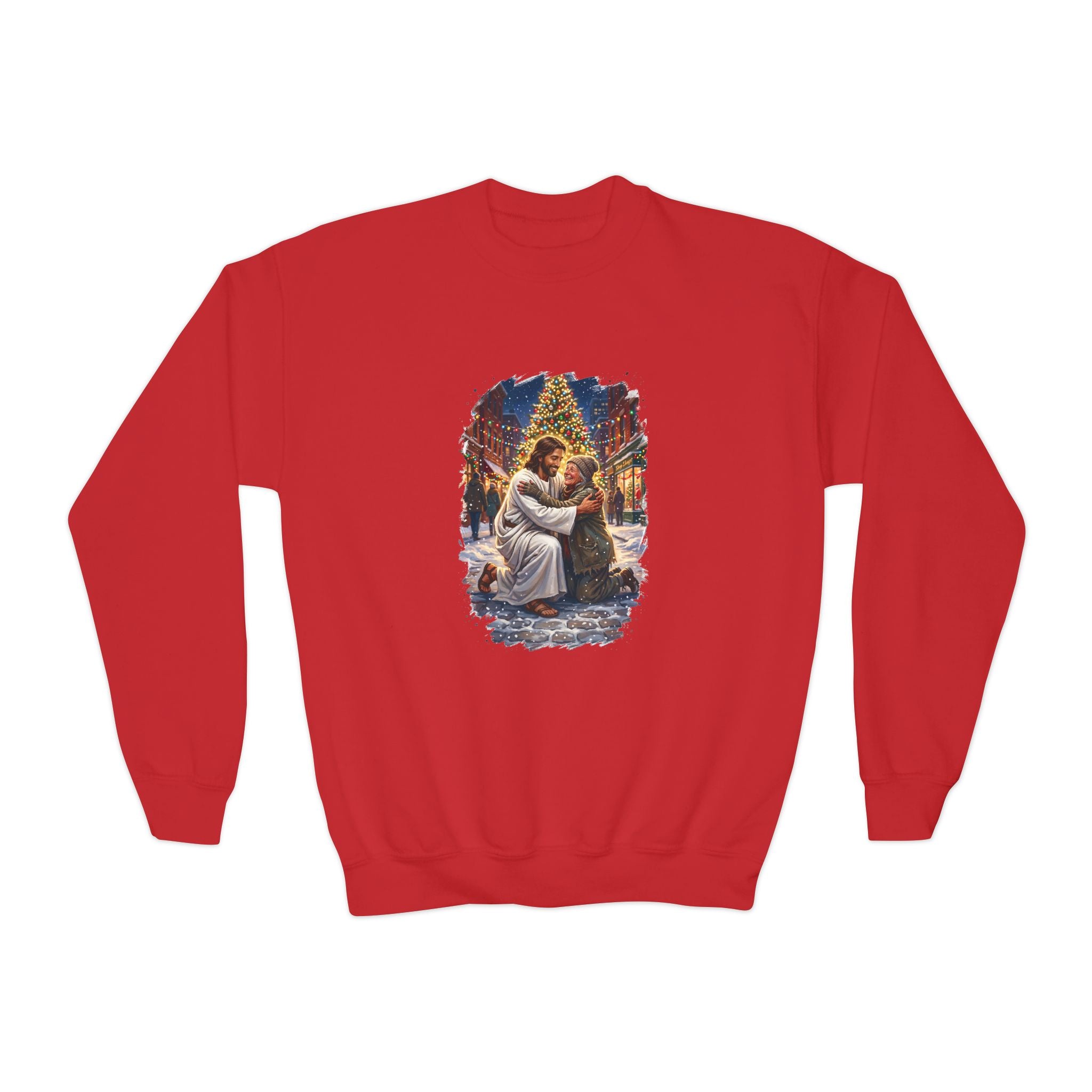 Kids Jesus Hug Sweatshirt | Jesus Embracing a Stranger on Christmas Night Christian Kids Crewneck Sweatshirt | Joyful Jesus