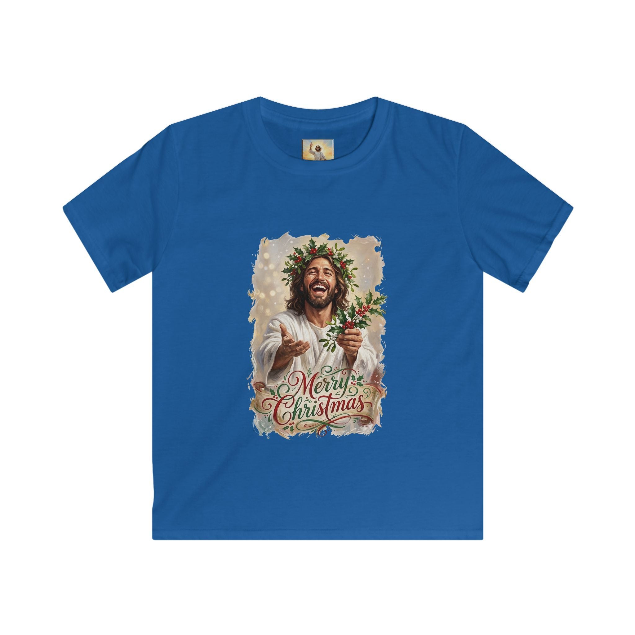 Kids Merry Christmas Jesus Shirt | Laughing Jesus with Holly Christian Christmas Kids T Shirt | Joyful Jesus
