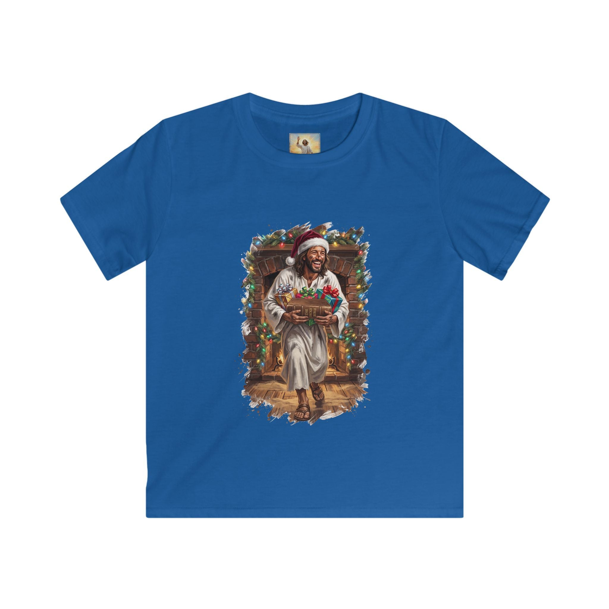 Kids Jesus Santa Hat Shirt | Jesus Down the Chimney with Gifts Funny Christmas Kids T Shirt | Joyful Jesus
