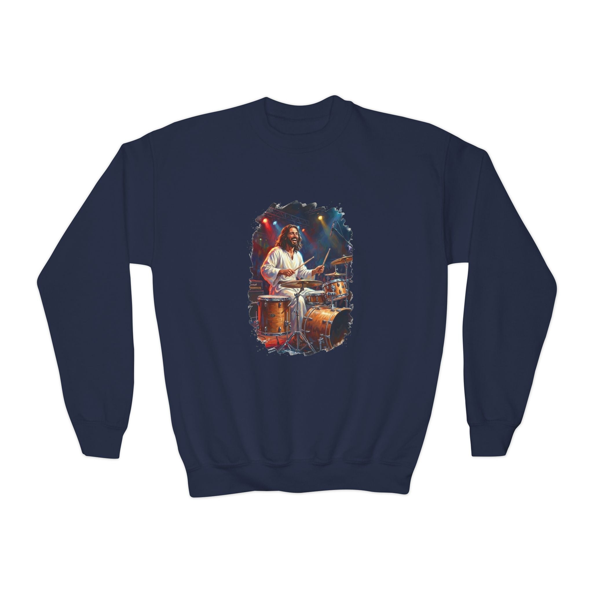 Kids God Sweatshirt | Jesus Playing Drums at Concert Christian Kids Crewneck Sweatshirt | Joyful Jesus