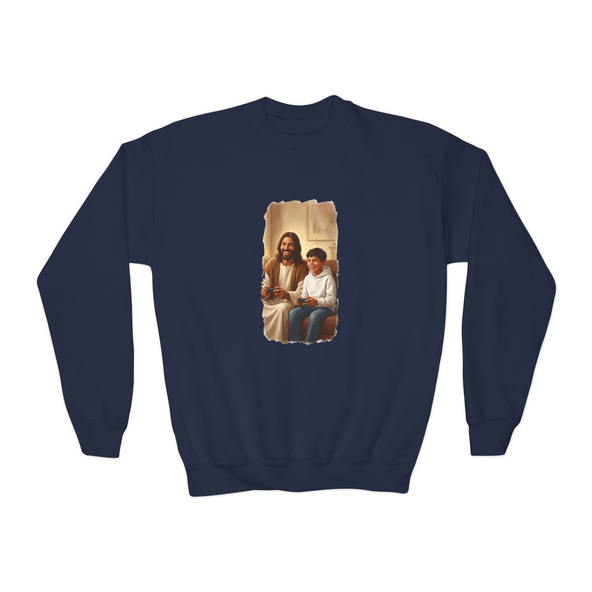 Kids Christian Sweatshirt | Jesus Playing Video Games Funny Jesus Kids Crewneck Sweatshirt | Joyful Jesus