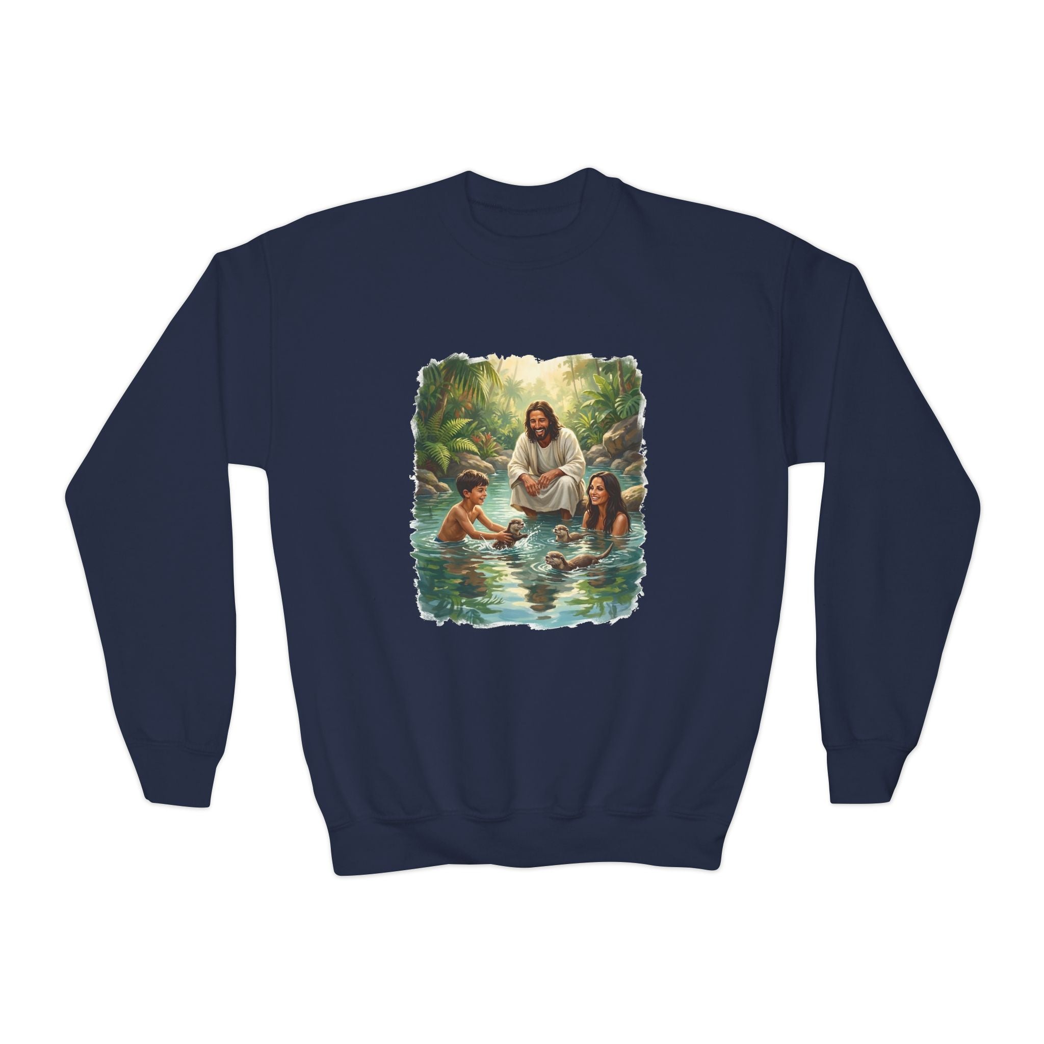 Kids Christian Sweatshirt | Jesus with Baby Otters Funny Christian Kids Crewneck Sweatshirt | Joyful Jesus