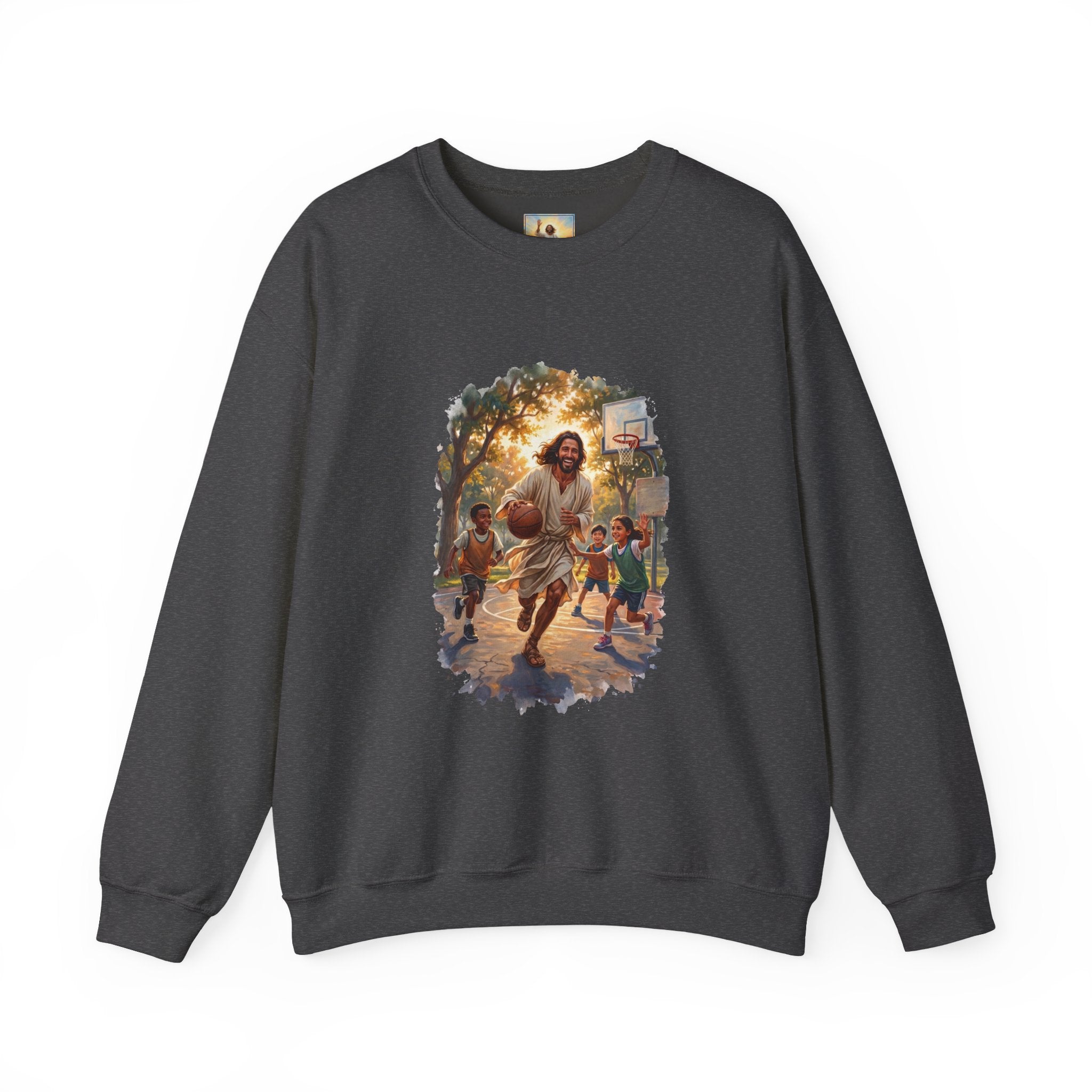 Jesus Basketball Sweatshirt | Jesus Playing Basketball with Kids Christian Crewneck Sweatshirt | Joyful Jesus